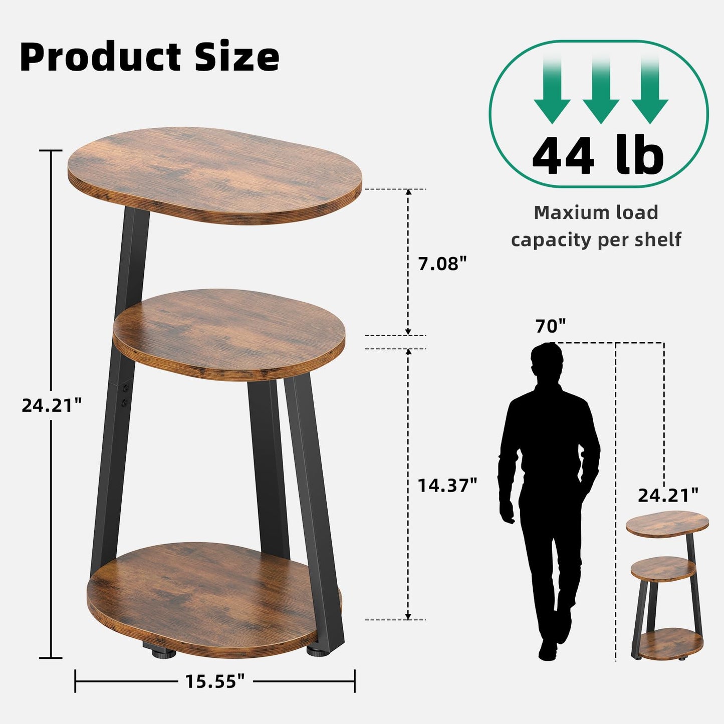 Kalrin Side Table, Small End Table with Metal Frame, 3-Tier Bedside Table, Round Side Table for Living Room Bedroom Couch Bathroom, Oval, Vintage Brown