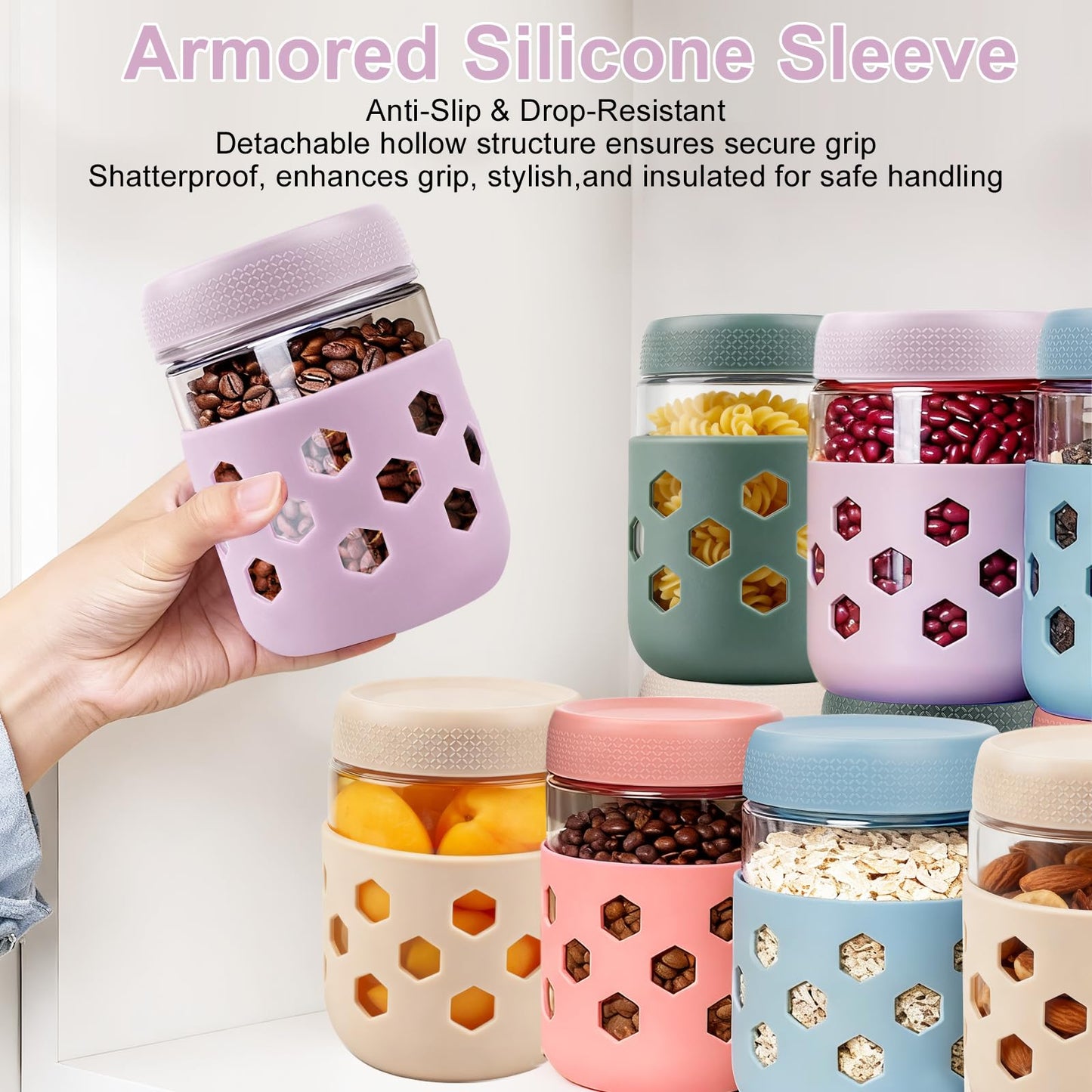 Overnight Oats Jar with Silicone Sleeves,6-Pack 16OZ Glass Jar,Airtight BPA-Free Overnight Oats Containers with Lids, Mason jars Meal Prep Jars for Chia Pudding, Yogurt, Snacks,Leak-Proof(500 ml)