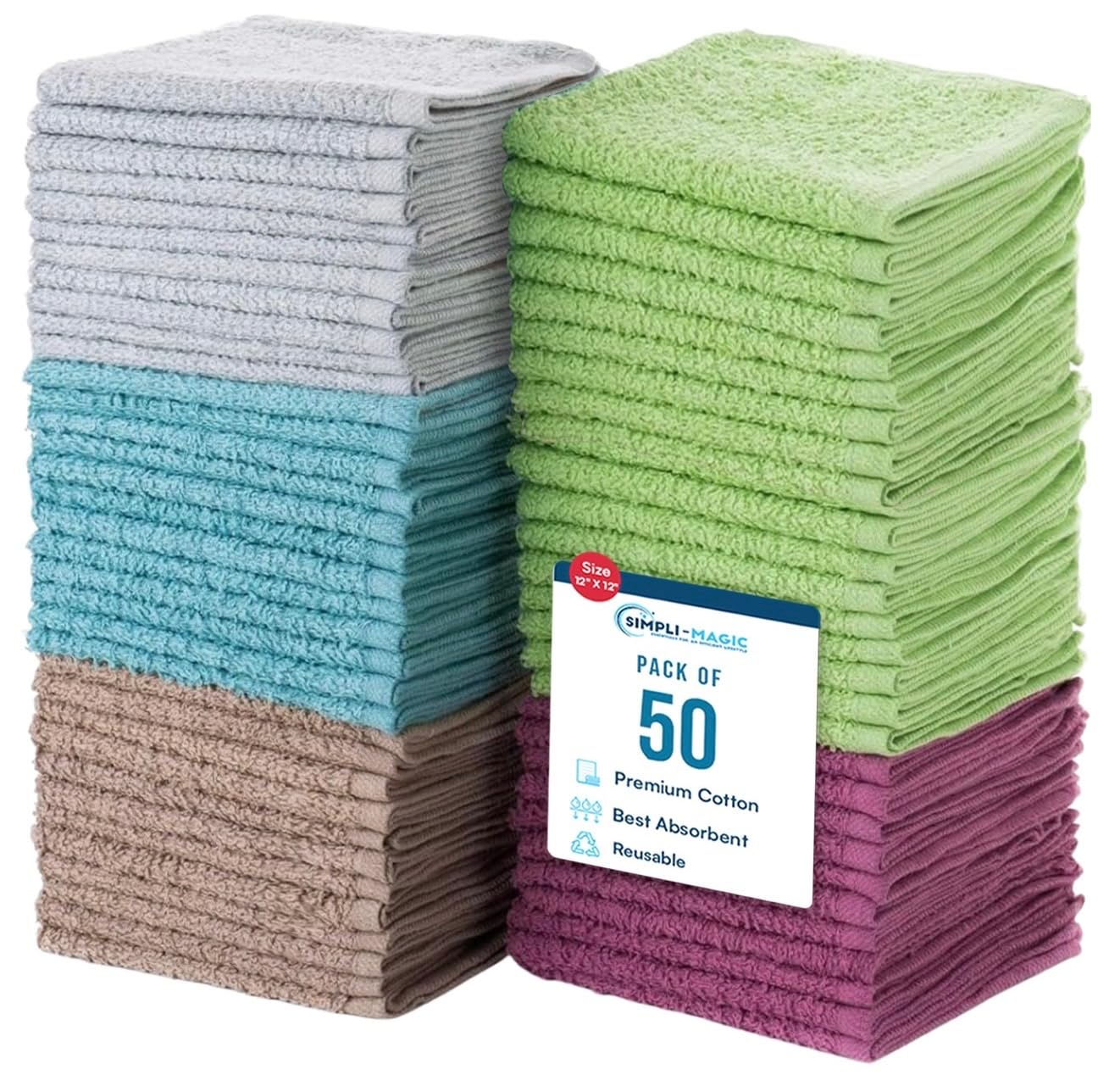 Simpli-Magic Cotton Washcloths and Cleaning Cloths, Multi Color, 48 Pack, Size: 12" x 12"