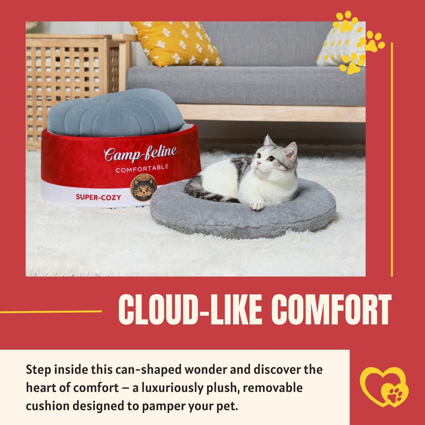 PECHVINO Can-Shaped Cat Bed – Ramen Bowl With Cover | Cute Enclosed Design With Ultra-Soft Cushion, Private & Cozy for Cats & Small Dogs