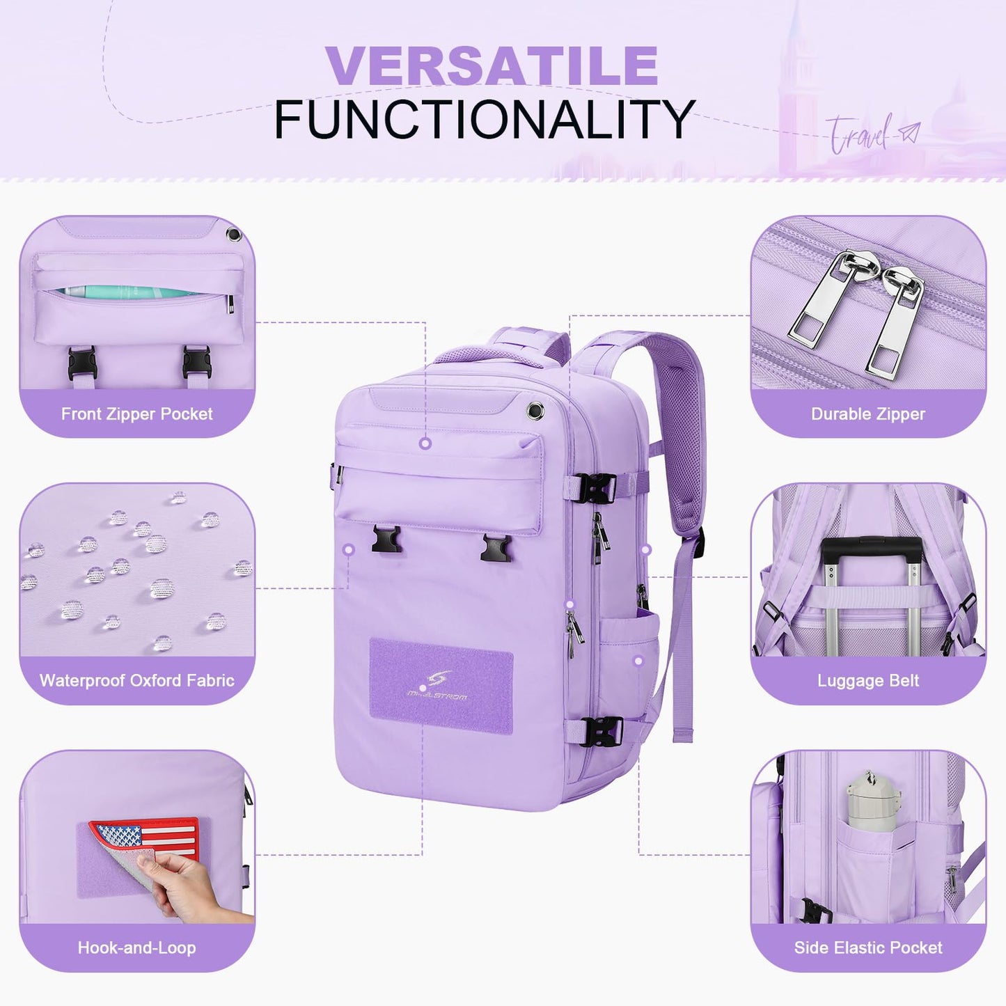 Maelstrom Travel Backpack for Women Men, 25/35L Laptop, Carry On Backpack with Crossbody, Shoe & Toiletry Bag (Purple, 17.3inch)