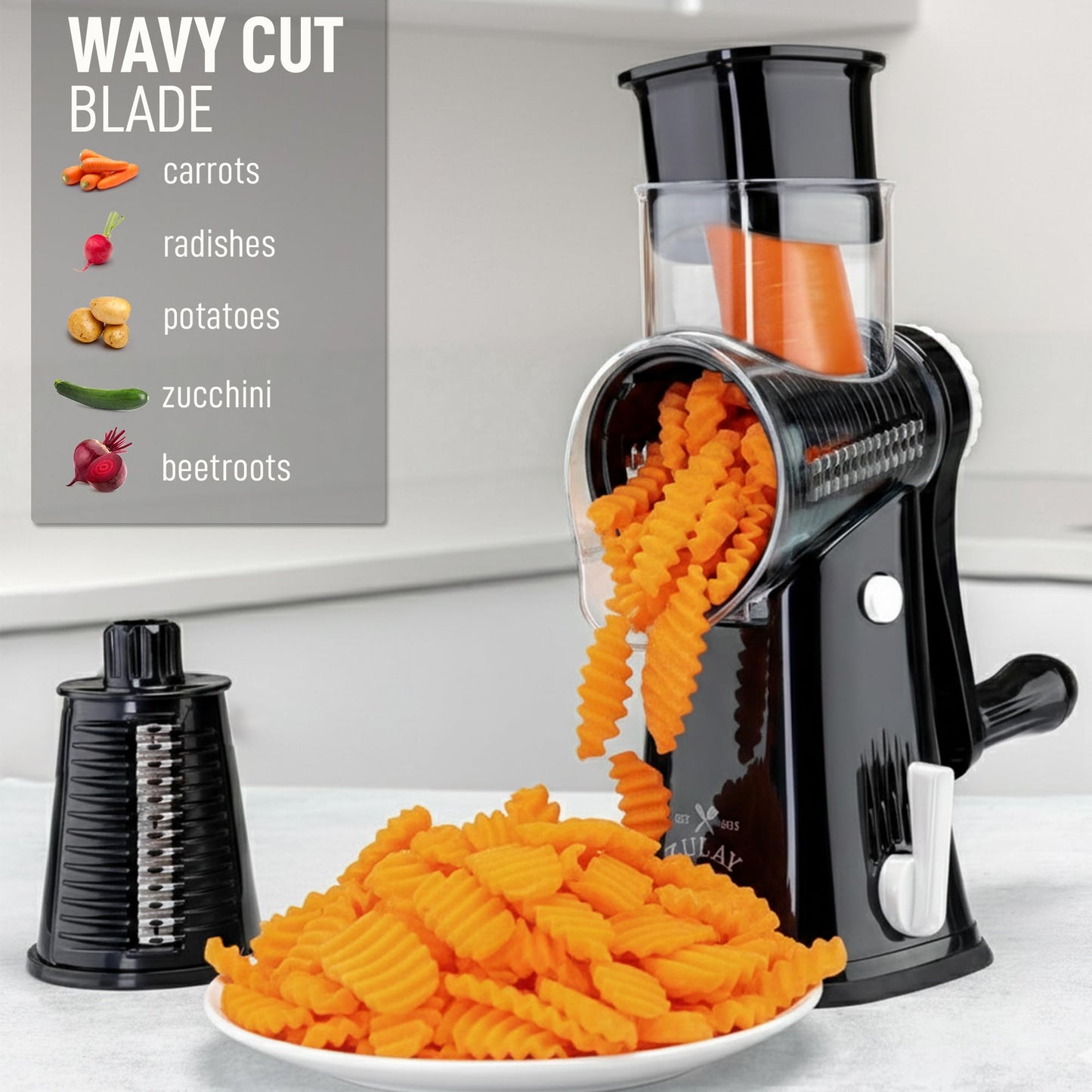 Zulay Kitchen 5-Blade Rotary Cheese Grater - Manual Hand Crank Cheese Shredder with Reinforced Suction & 5 Interchangeable Drums - Vegetable Chopper & Round Mandoline Slicer