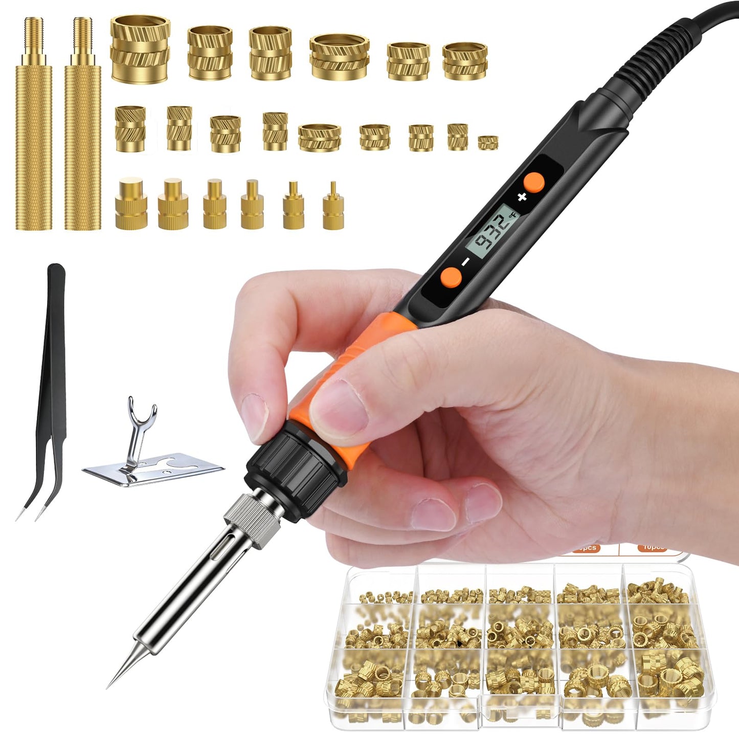 Preciva Threaded Inserts Set, 300Pcs Heat Set Inserts with M2 M3 M4 M5 M6 M8 Insert-Tip, 100W Digital Soldering Iron, Holder and Tweezer, for 3D Printer Parts or Plastic Parts