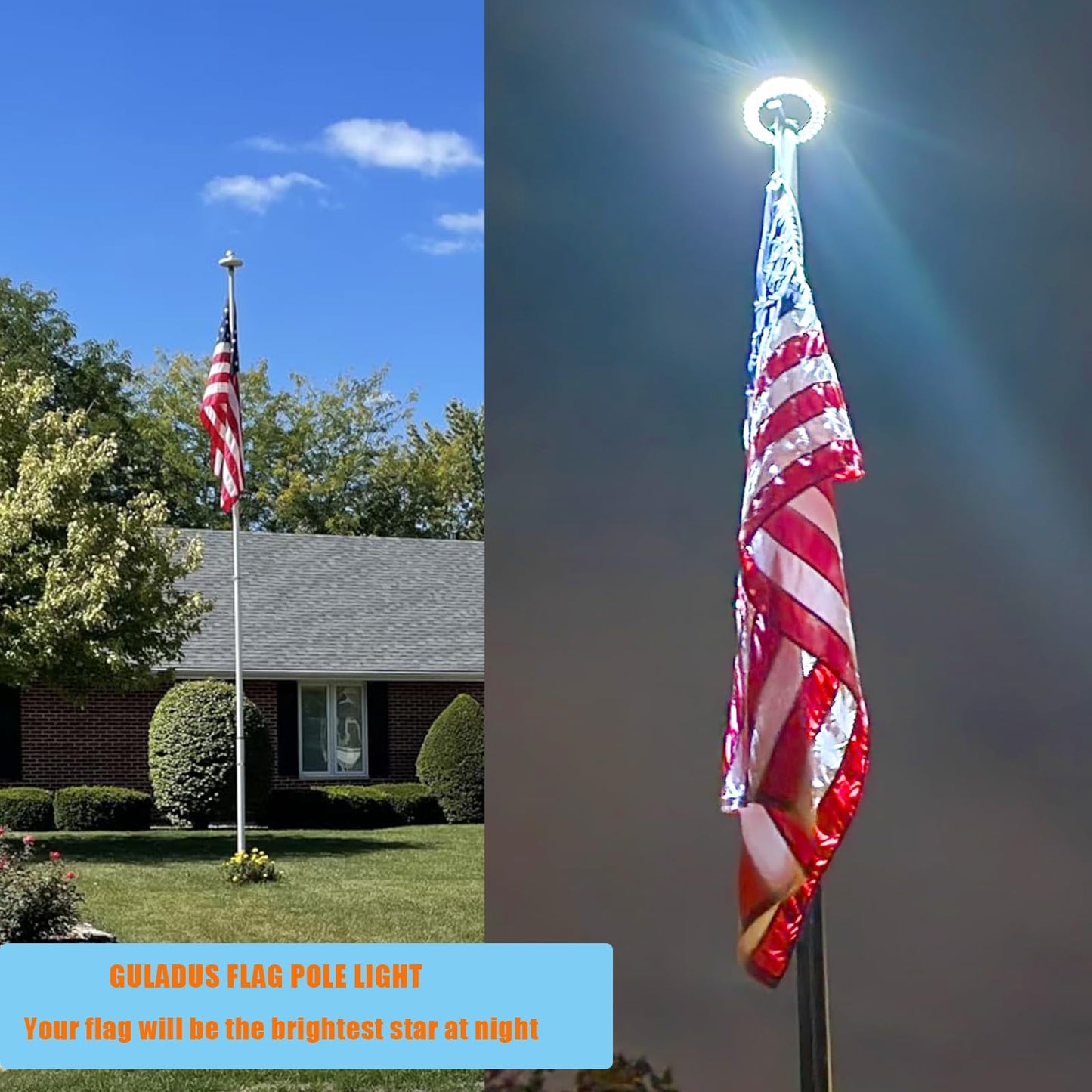 GULADUS Solar Flag Pole Light, 60 LEDs Flag Pole Light Solar Powered, 1800 Lumen, IP65 Waterproof, Dusk to Dawn, 100% Flag Coverage for 15 to 25Ft flagpoles, Deluxe Silver