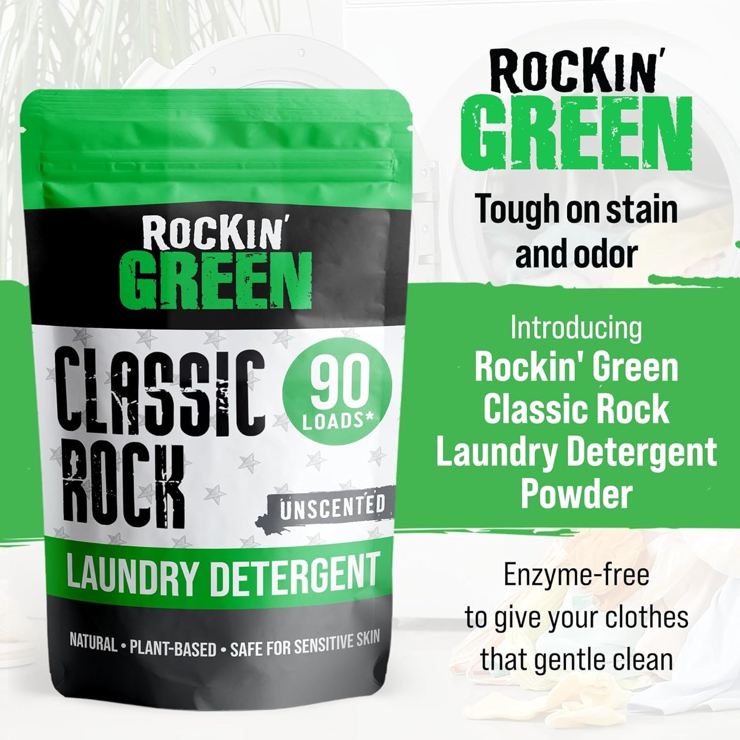 Rockin’ Green Classic Rock Laundry Detergent - Unscented Laundry Detergent Powder and Odor Eliminator for Soft Water - Everyday Clothes, Towels, Linens - Safe for Sensitive Skin - 90 Loads