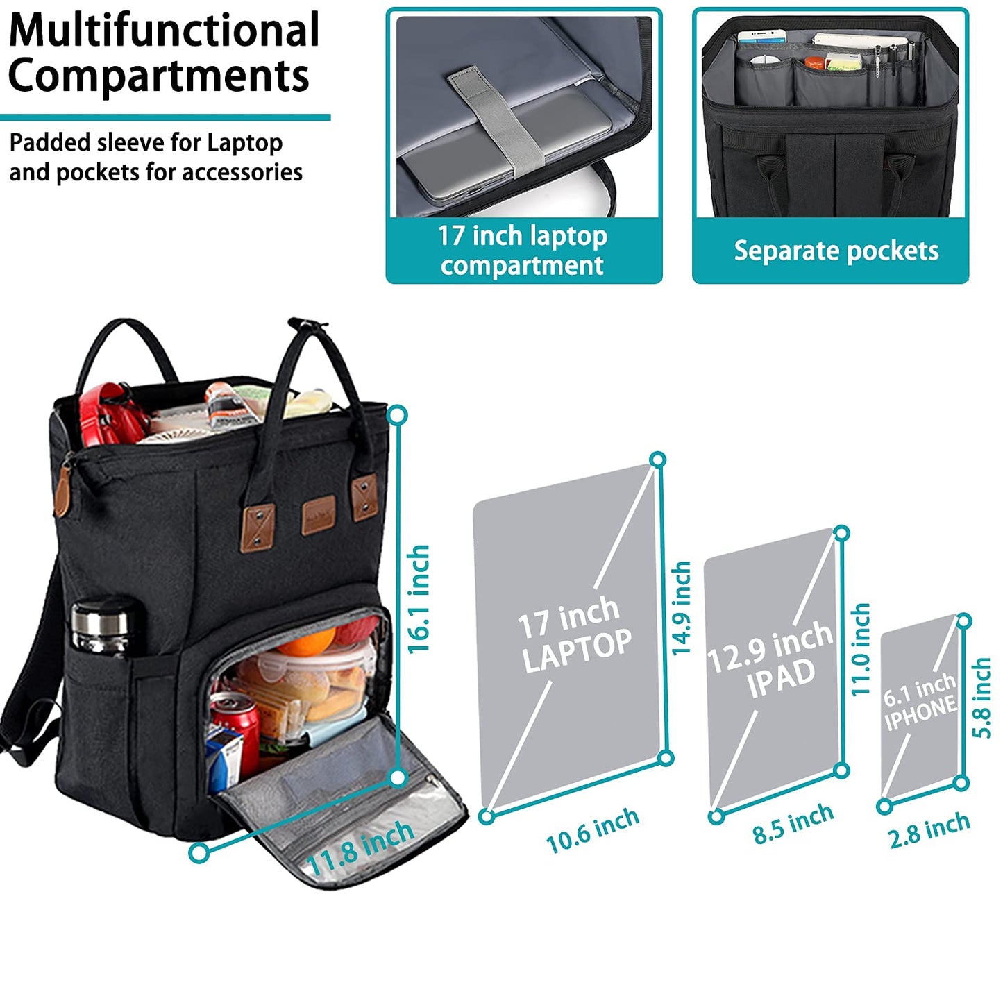 17 Inch Laptop Backpack, Large Lunch Backpack for Women Men Gifts, Travel Carry On with Lunch Box and USB Port, Insulated Cooler Bookbag Nurse Work Backpacks, Black