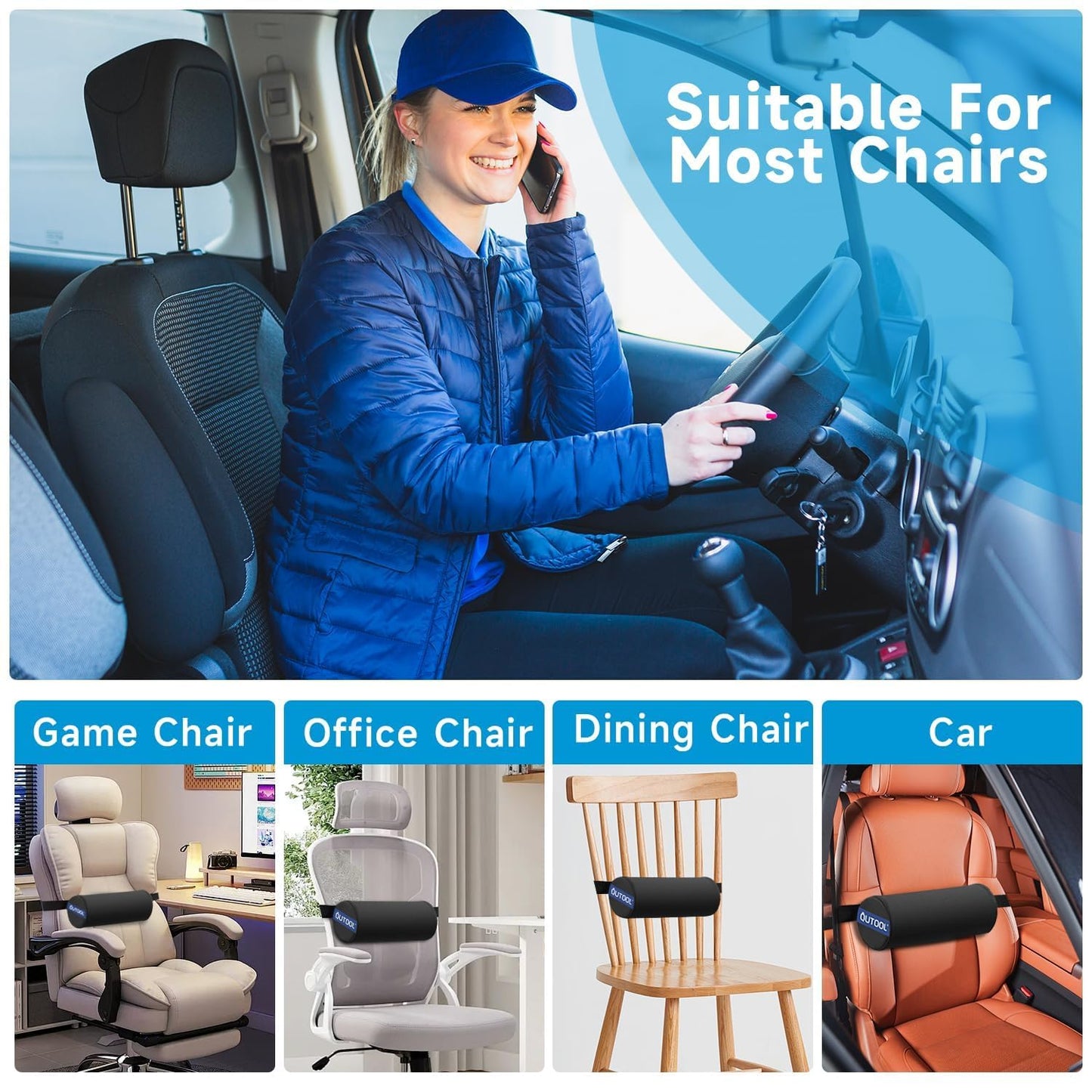QUTOOL Lumbar Roll Support for Office Chair – Lower Back Support Cushion for Sitting, Anti-Slip Adjustable Strap, Firm Foam, Removable Washable Cover