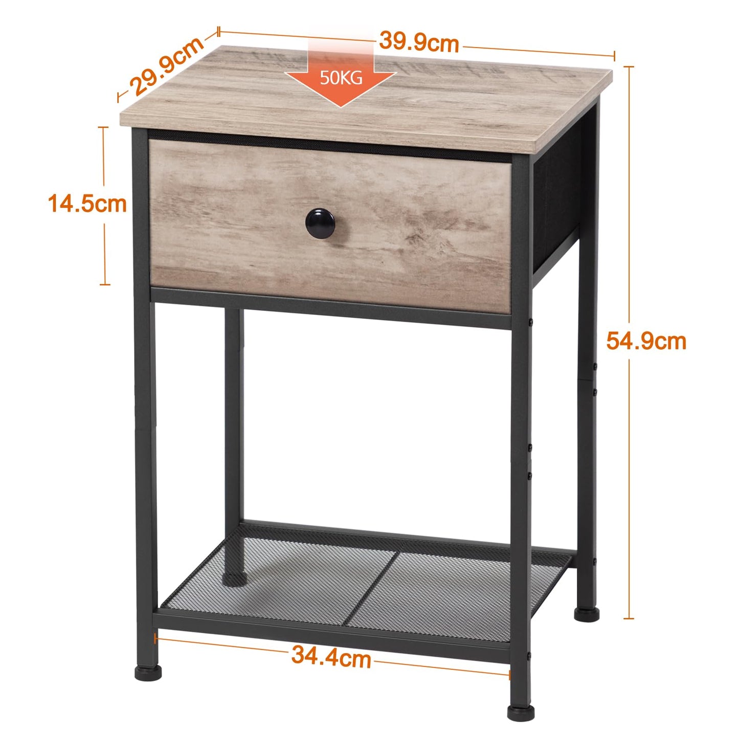 AMHANCIBLE Night Stand Set 2, Bedside Table with Fabric Drawer, Industrial End Tables Living Room with Storage Shelf, Slim Nightstand for Bedroom, Small Spaces, Grey, HET03SDGY