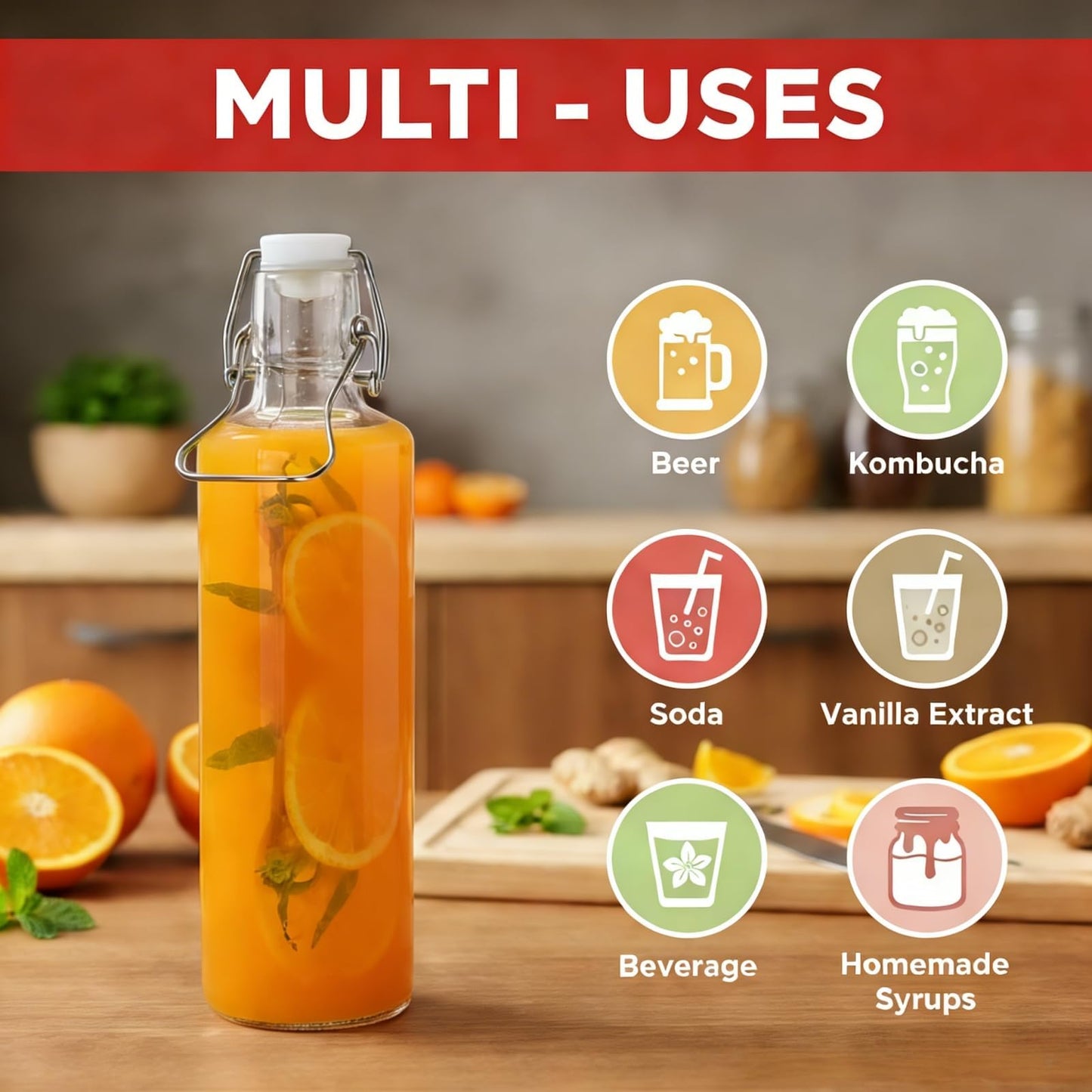 Cididu 4 Pack 33Oz Flip Top Bottles, 1L Airtight Swing Top Glass Bottle with Handle for Beer, Home Brewing, Kombucha, Juice, Carbonated Drink, Vinegar, Oil, Mead, Leakproof, Dishwasher Safe