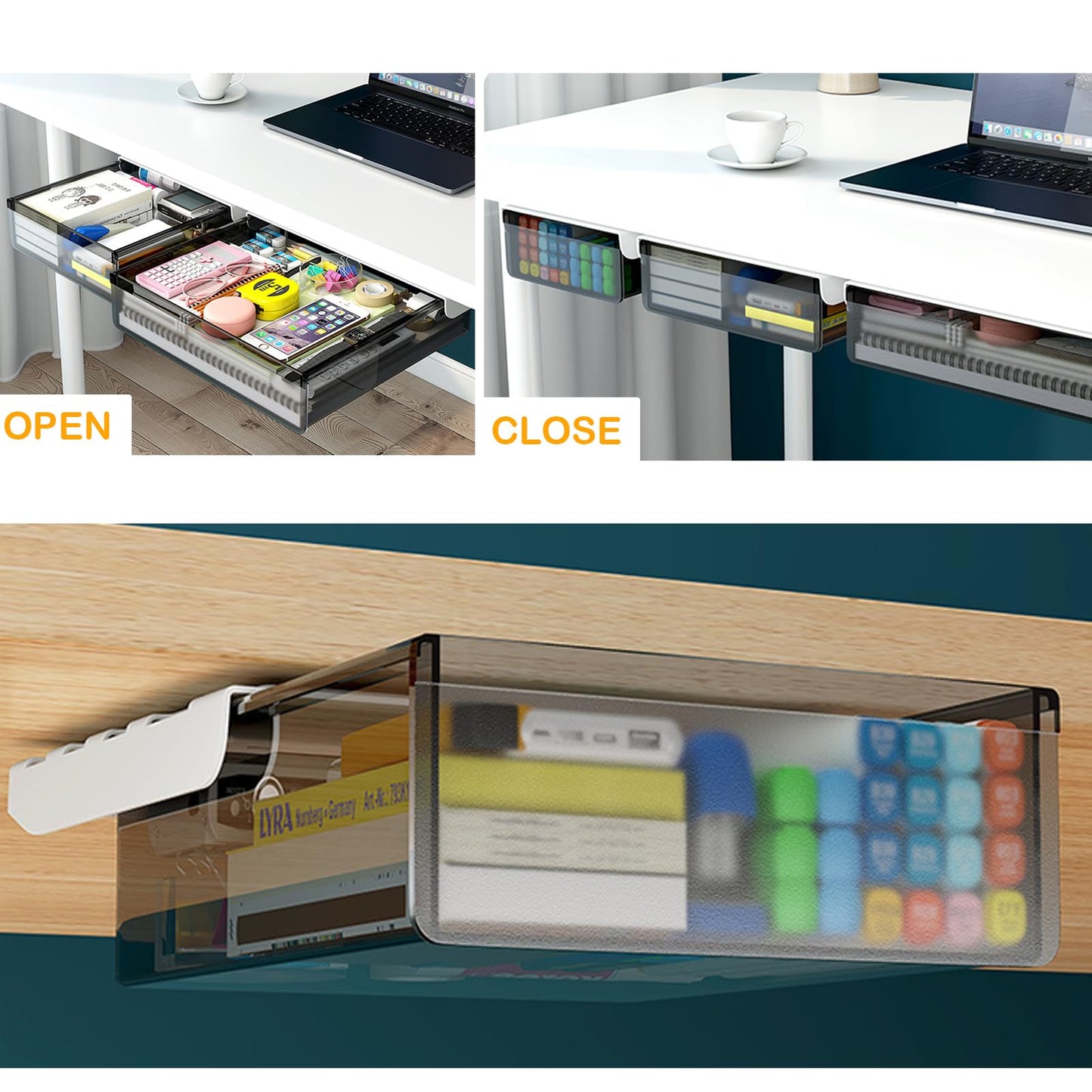 3 Pack Under Desk Drawer Organizer Slide Out - Under Desk Storage Come with Adhesive Create Extra Storage Space for Your Home/Office/Kitchen Supplies