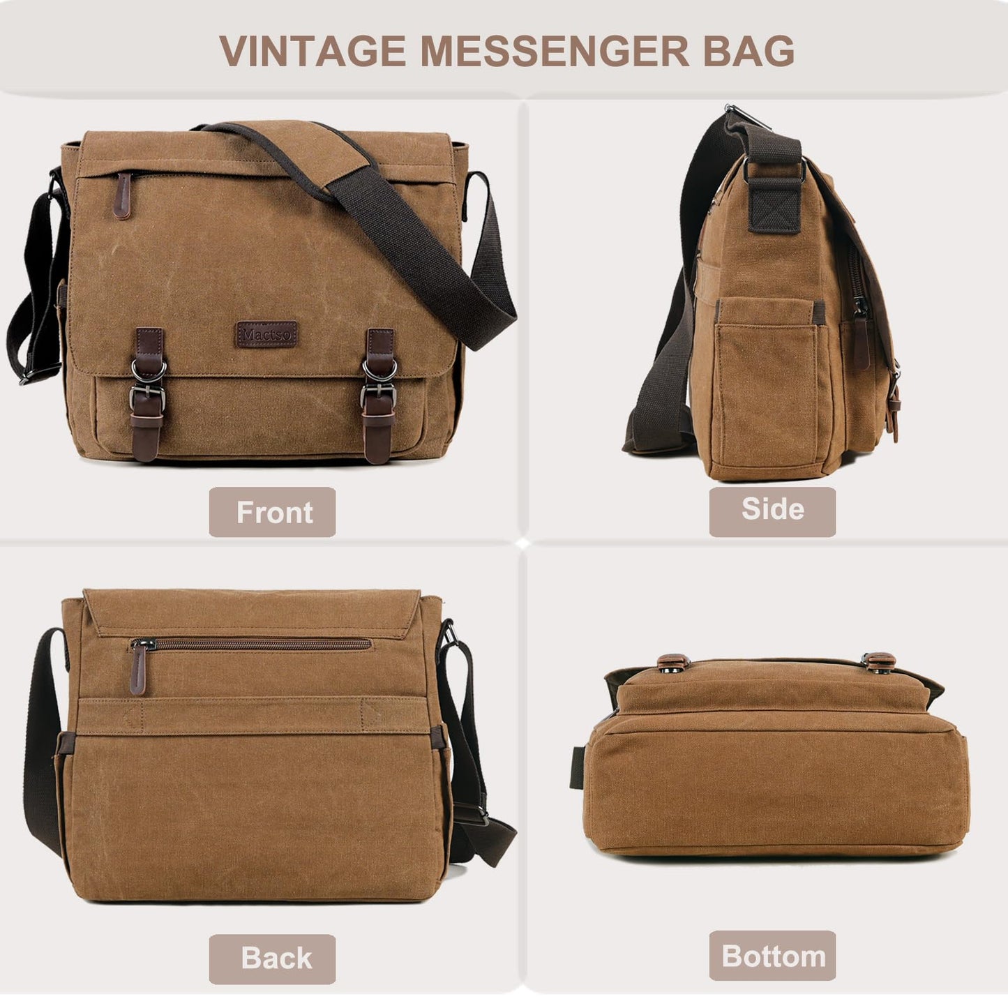 Vintage Messenger Bag 15.6 Inch Laptop for Men Women,Travel Crossbody Shoulder Purse Canvas Briefcase Work Office College (Coffee-Upgrade)