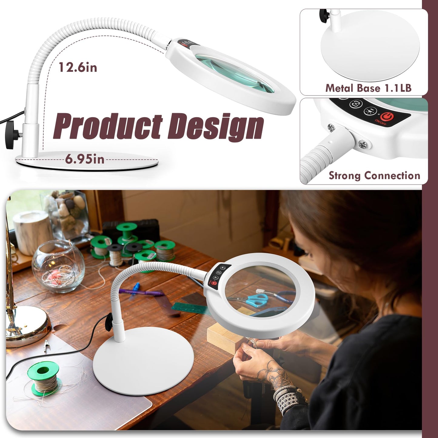 12X Magnifying Glass with Light and Stand, 5 Color Modes Stepless Dimmable LED Desk Lamp, Hands-Free Flexible Gooseneck Lighted Magnifier for Close Work Craft Hobby Painting Sewing - White