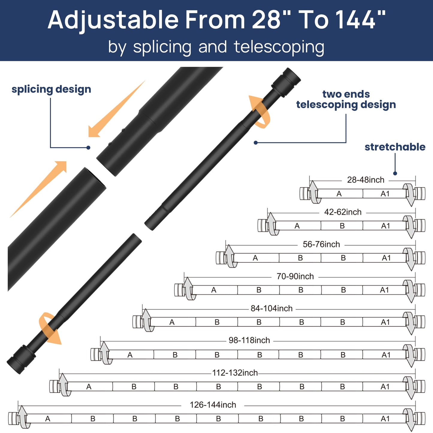 ENJOYBASICS Matte Black Curtain Rods, 1 Inch Diameter Adjustable Curtain Rod, Extra Long Curtain Rod with Brackets, Heavy Duty Drapery Rod for Living Room, 28"-144"