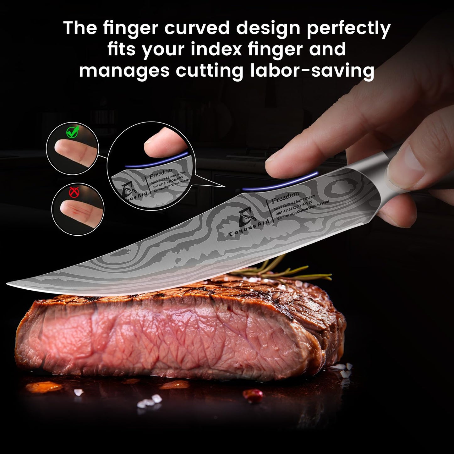 CoquusAid Steak Knives Set of 8, 4.8 Inch Straight Edge Ultra Sharp Durable Meat knives With Rest, High Carbon Stainless Steel Damascus Pattern Triple Rivet Handle, Ideal for Home Restaurant Party
