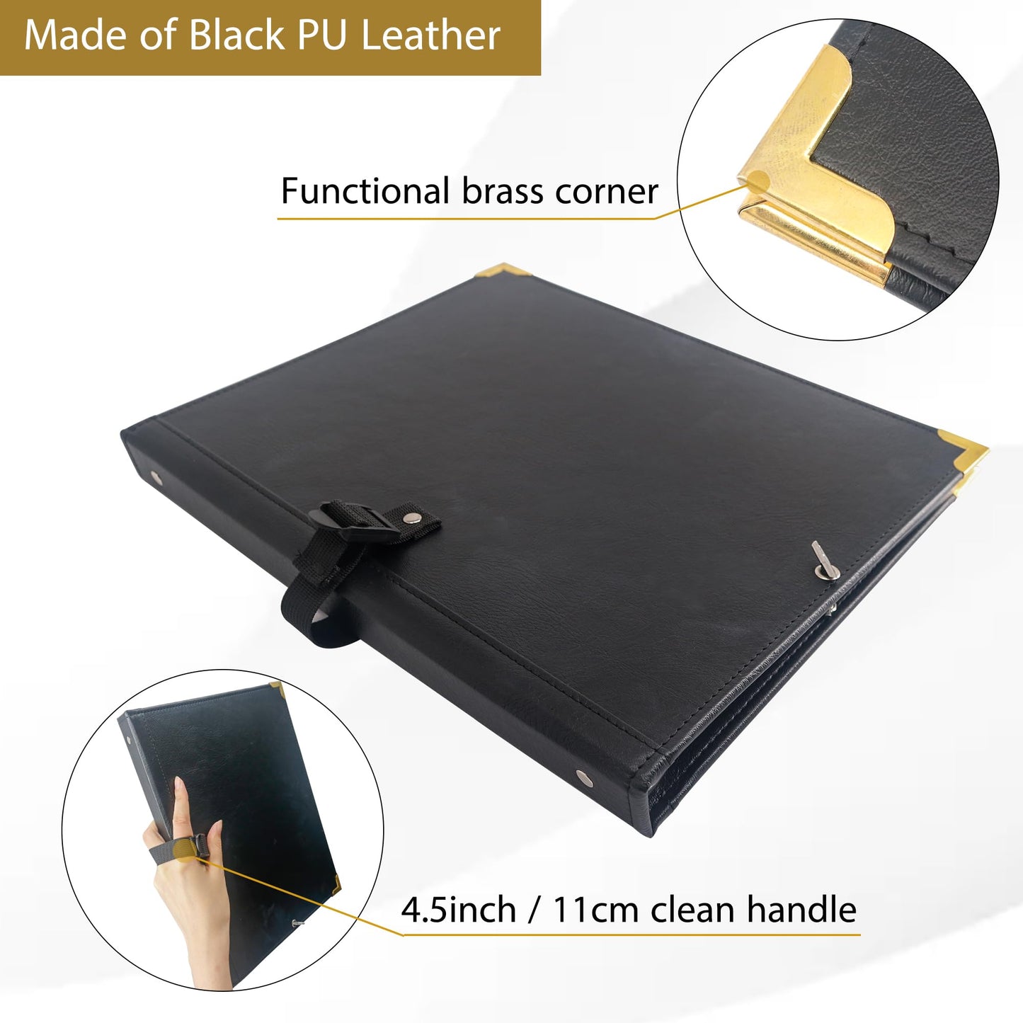 GraduatePro PU Leather Sheet Music Choir Folder Black, 3 Rings Binder 12.5" x 10" Piano Music Binder with Elastic Band,10 Pockets for Sheets 8.5 * 11/A4