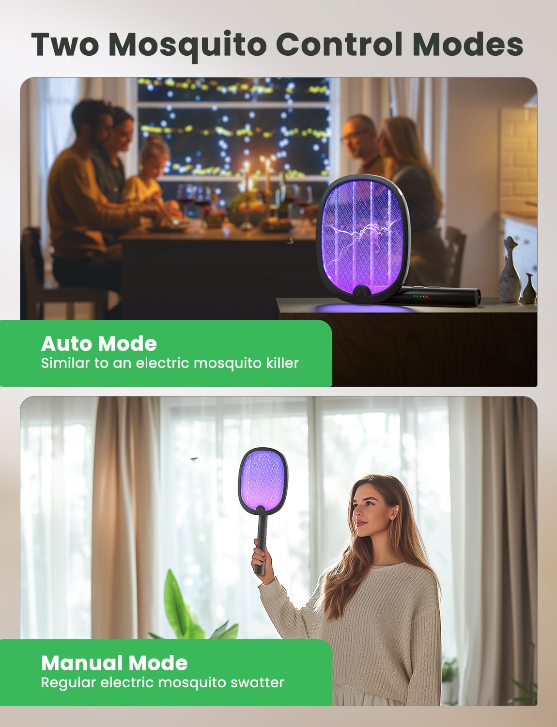 YISSVIC Fly Swatter Electric Bug Zapper Racket 4000 Volt Rechargeable Fly Zapper Indoor Outdoor Dual Modes with Attractant Light (Black 2 Pack)