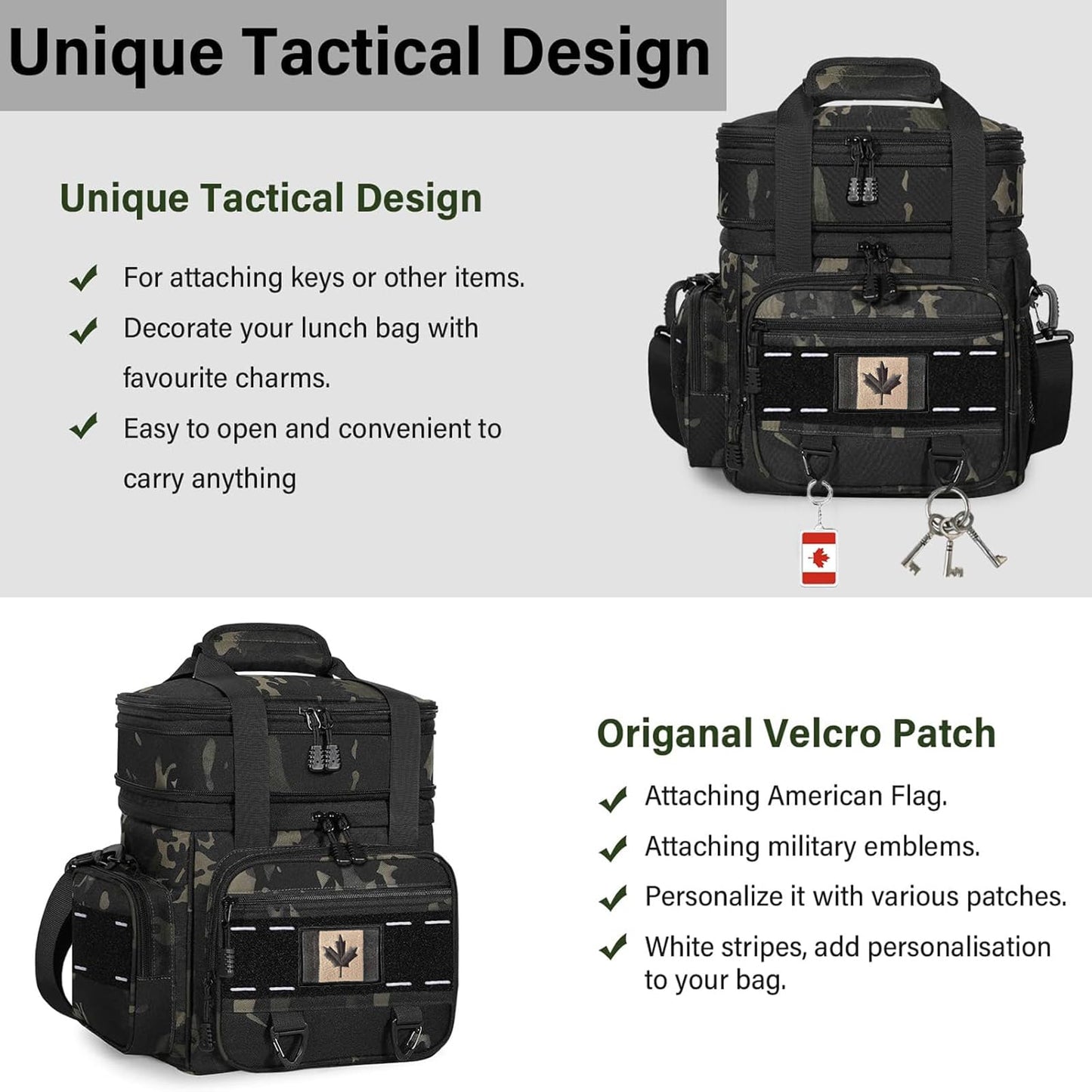 Expandable Tactical Lunch Box, XLarge Insulated Lunch Cooler Bag Heavy Duty Leakproof Lunch Pail for Men Adults Work Office Outdoor Picnic Trips,25L,Black-Camo