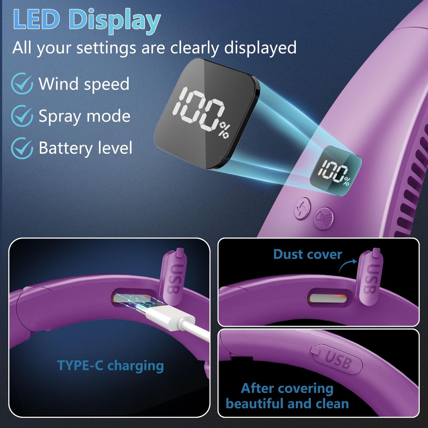 Personal Fan with Water Mist,Bladeless Neck Fans for Women Rechargeable,Electric Cooling Neck Fan for Men,Folding Battery Operated Misting Fan Air Circulator Necklace Fan for Travel,Home,Office Purple