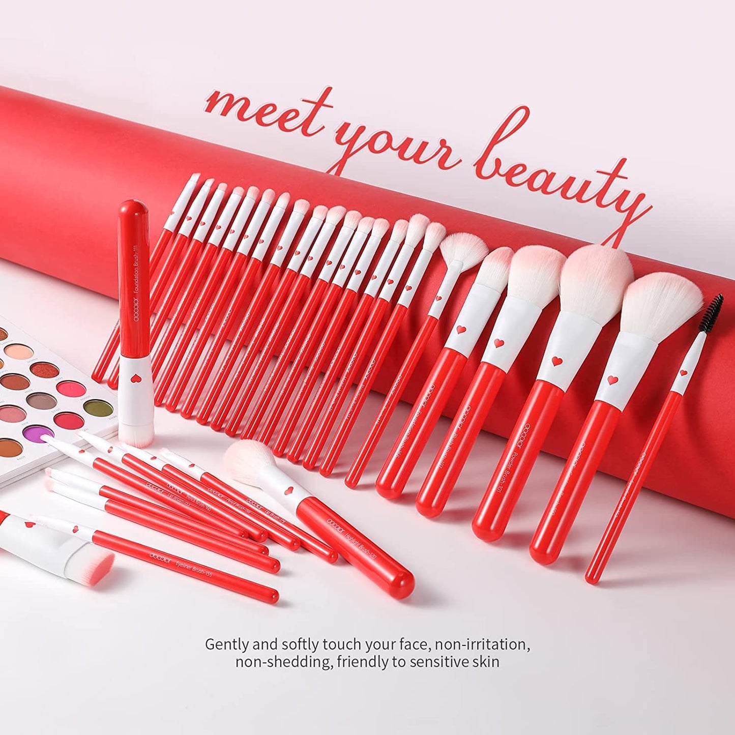 Docolor Makeup Brushes 32Pcs Professional Makeup Brush Set Premium Gifts for Lover Kabuki Foundation Blending Face Powder Blush Contour Eye Shadows Eyebrow Eyeliner Make Up Brushes Tools Kit Rose Red