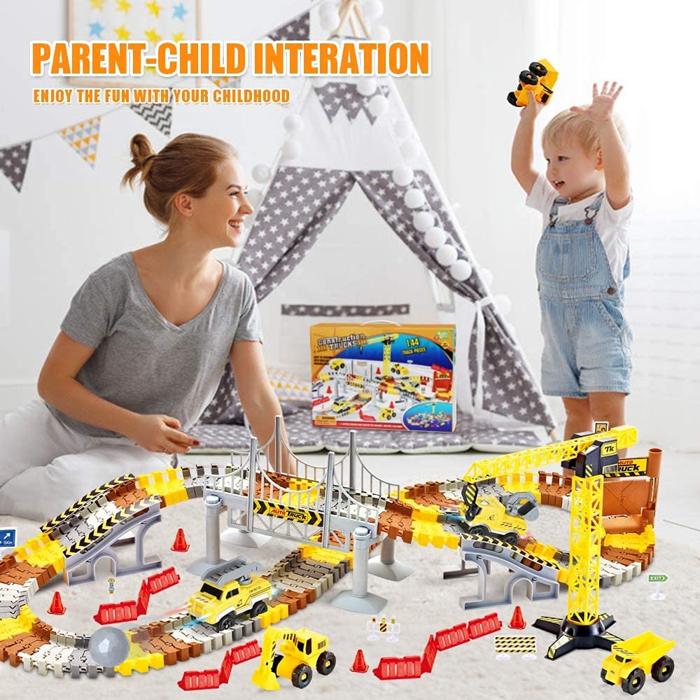 Construction Race Tracks Set, Flexible Train Tracks w/ 2 Electric Construction Race Vehicles w/Lights, STEM Engineering Race Track Toys with Dump Truck, Crane Assort Acessories for Boys Girls