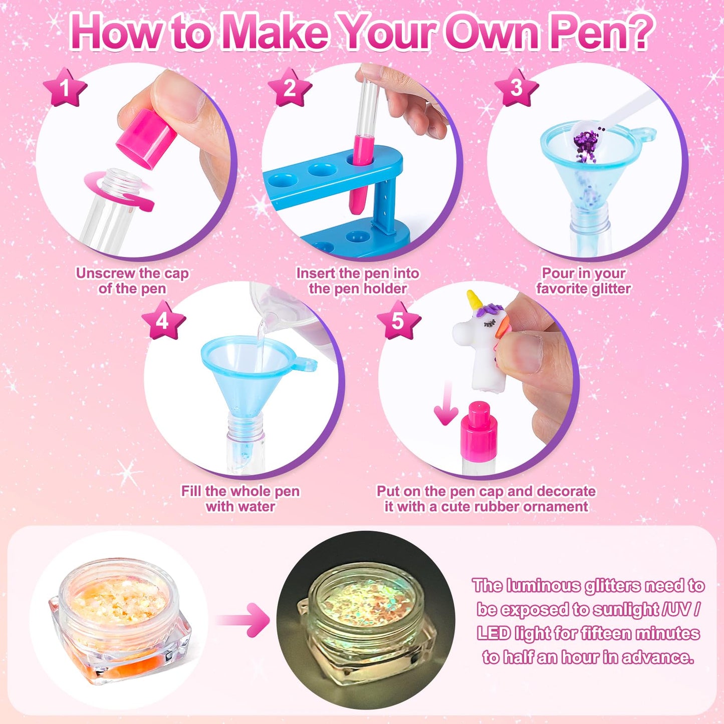 Subao DIY Pens Marker for Kids, Glitter Gel Pens Kits 15 Pack, Create Your Own Cute Pen, Creative Personalized Pen Set, Art and Craft Kits for Girls Boys Birthday Christmas Gifts