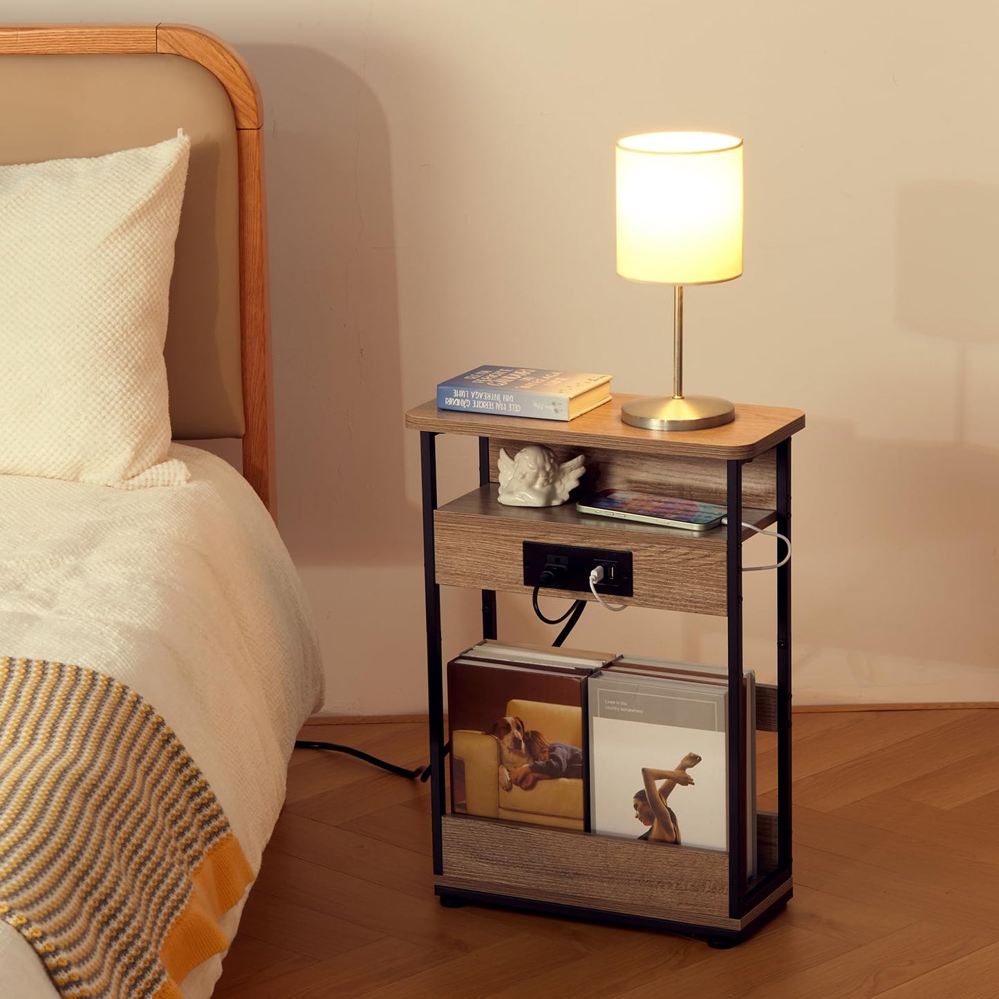 Small Narrow Side Table with Charging Station for Small Space, 3-Tier Accent Couch Beside Table with USB Ports & Power Outlets, Sofa Side Table for Living Room Bedroom Apartment (USB Charger, Oak)
