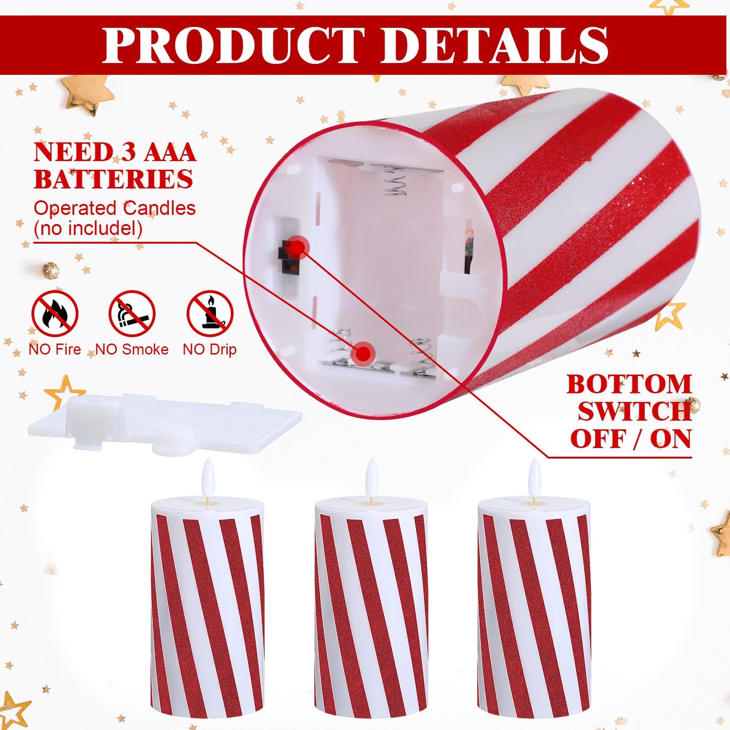 Baquler 3 Pcs Christmas Flameless Candles Candy Cane LED Pillar Candle Peppermint Glitter Stripe Red and White Battery Operated Candlestick for Xmas Party Holiday Table Centerpiece Home Decoration