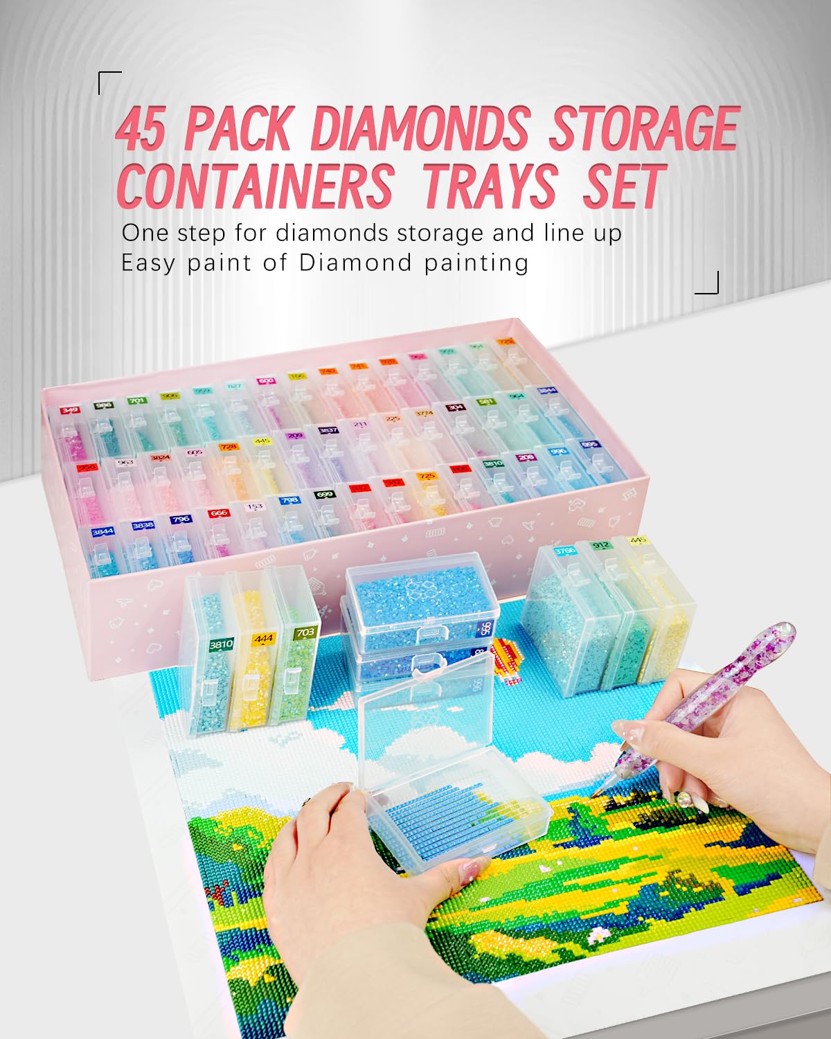 Forever Young 45pcs Diamond Painting Storage Containers Trays with Lids, 2-in-1 Diamond Art Storage & Trays, Bead Storage & Line-Up, Box Package