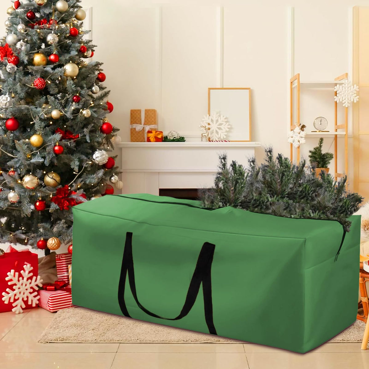Christmas Tree Storage Bag Fits 9-12 Ft Tall Artificial Xmas Trees, 420D Oxford Heavy-Duty Waterproof Storage Bags, 68" L X 30" W X 20" Extra Large Xmas Tree Bag with Handles & Zipper (Green,2 Pack)