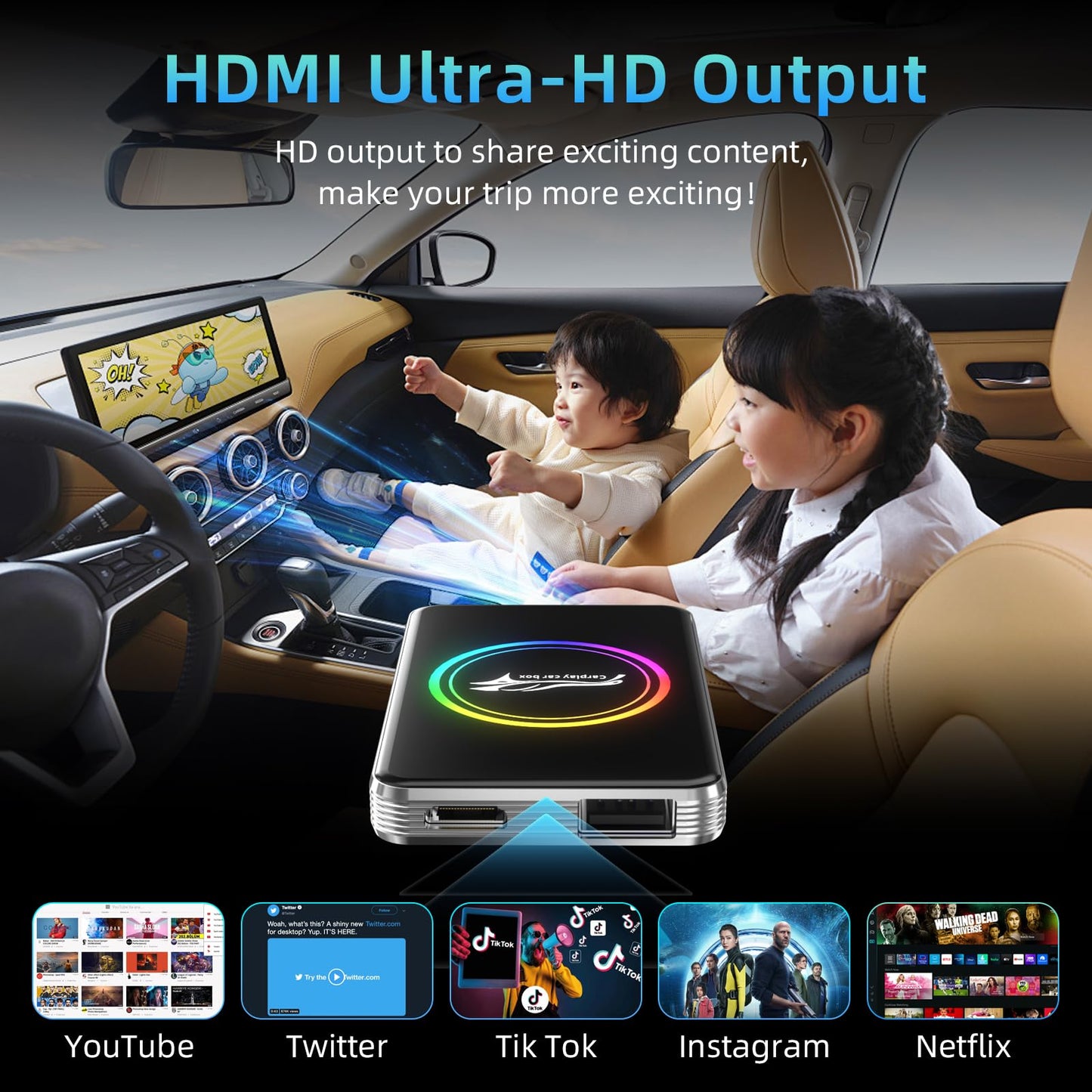 3-in-1 Wireless CarPlay Adapter，AI Magic Box Support Netflix/YouTube/TikTok, Plug & Play, 4GB+32GB ROM, Android 13 System, WIFI6 & Bluetooth 5.4, Fit with iPhone 6+/iOS10+/Android 11+