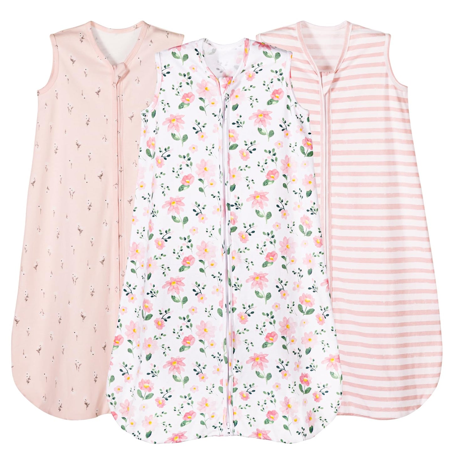 PHF Soft Baby Sleep Sack 6-12 Months 100% Cotton Wearable Blanket, 2-Way Zipper 0.5 TOG Toddler Sleeping Sack 3 Pack, Comfy Sleep Bag for Baby Girls, Pink Floral (Medium)