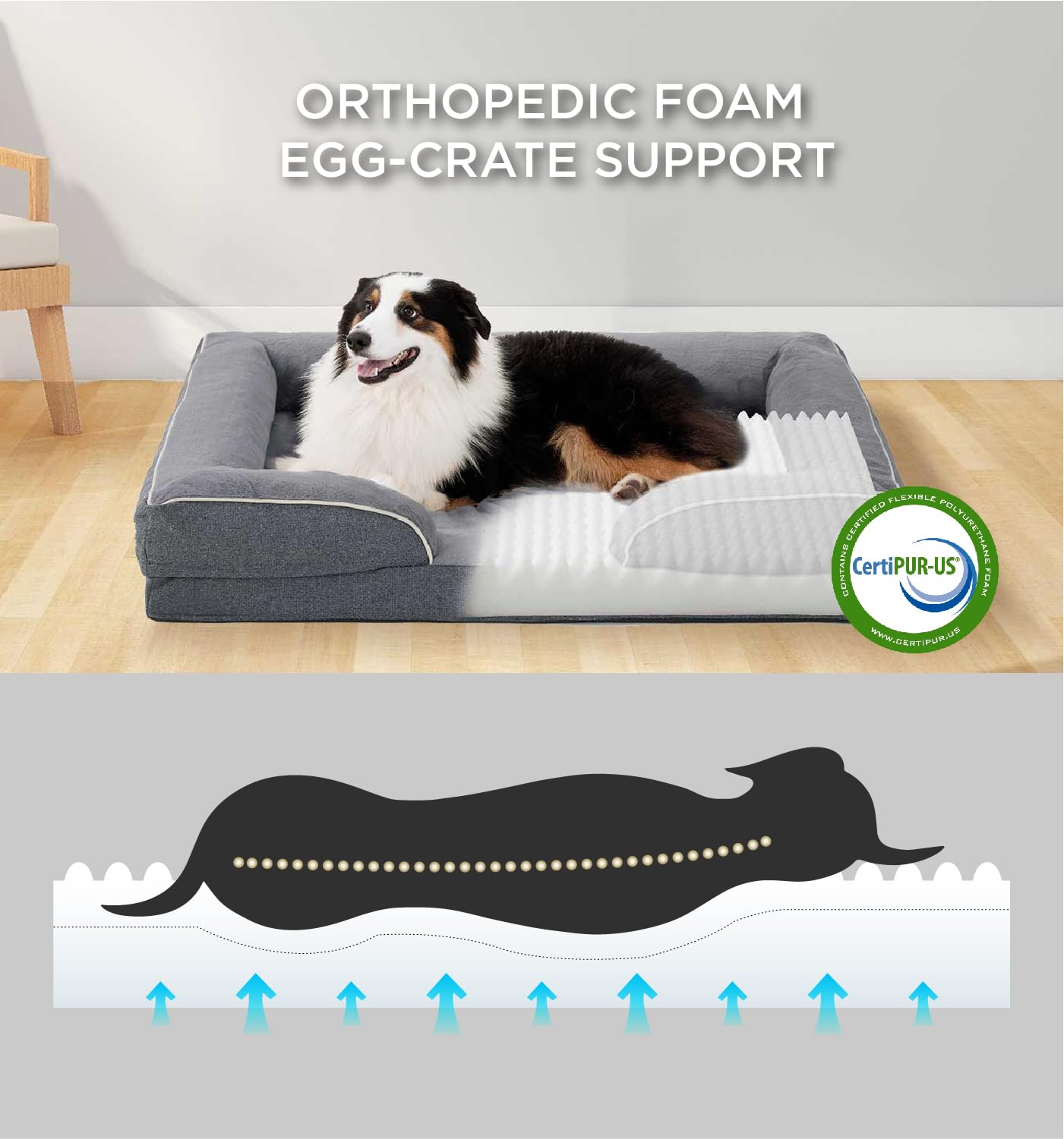 Made4Pets Large Dog Bed with Sides Memory Foam Orthopedic Dog Bed with Removable Washable Cover Dog Couch with Waterproof Liner Dog Sofa Non-Slip Bottom & Egg-Crate Foam, Grey