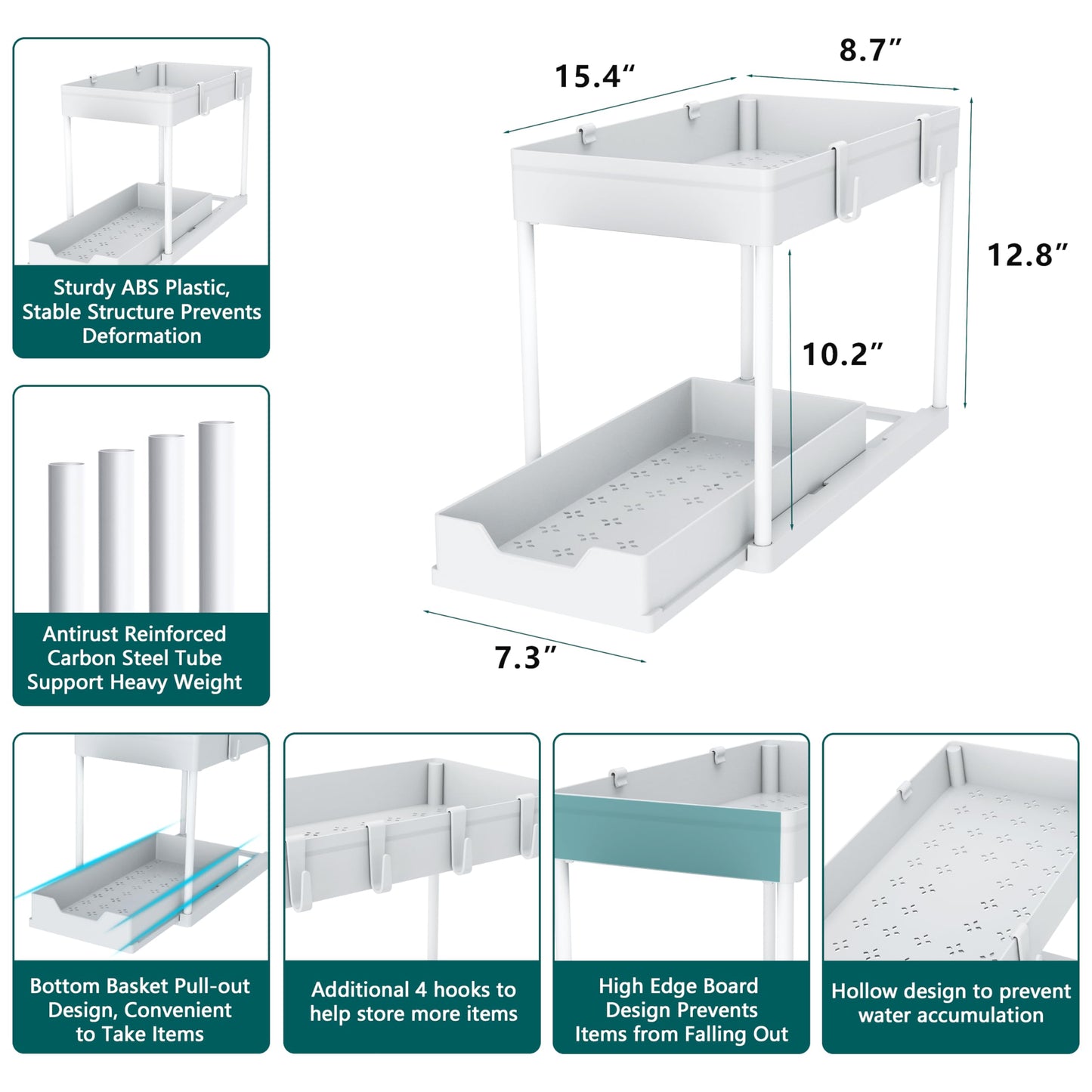 MEAFBIRD 2 Pack Under Sink Organizer, 2 Tier Bathroom Cabinet Organizer with Sliding Basket, Multi-Purpose Under Sink Organizers and Storage for Bathroom Kitchen (White 2)