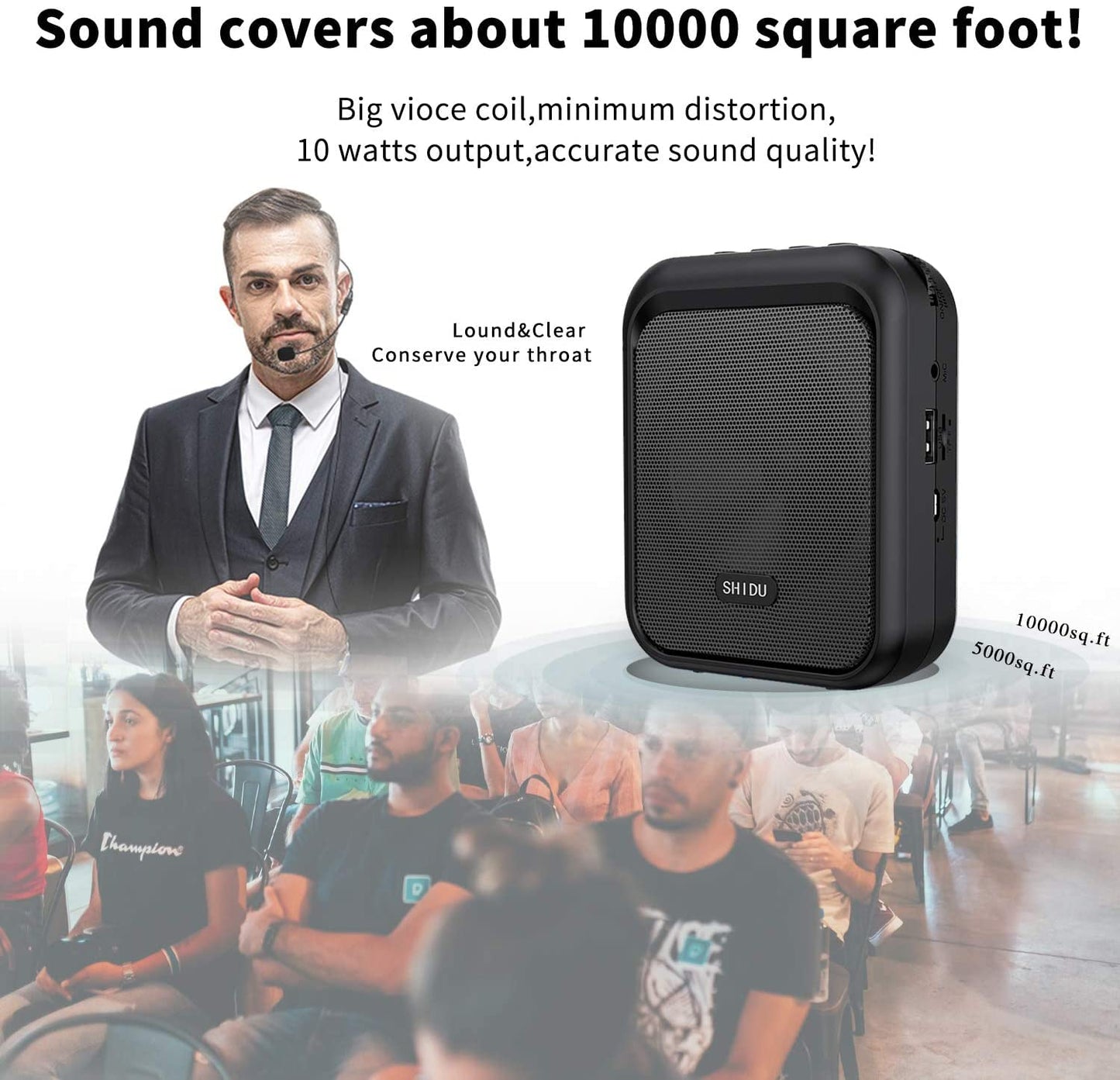 SHIDU Mini Voice Amplifier Portable Rechargeable Bluetooth Speaker with Wired Microphone Headset 10W 1800mAh PA system Supports MP3 Format Audio for Teachers, Coaches, Training, Tour Guide