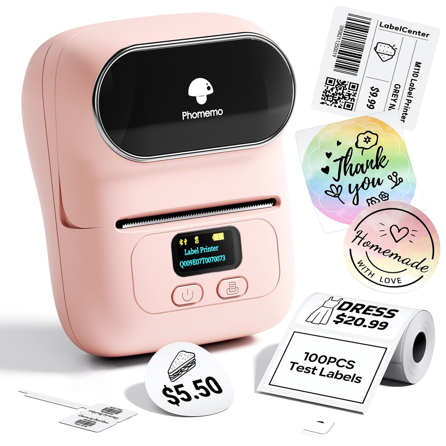 Phomemo M110 Label Maker- Portable Mini Bluetooth Thermal Label Printer Apply to Labeling, Office, Cable, Retail, Barcode and More, Compatible with Android & iOS System, with 1 40×30mm Label, Pink