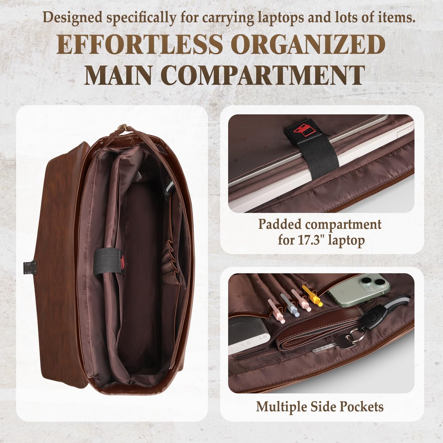 RAINSMORE Mens Messenger Bag 17 Inch Laptop Briefcase Waterproof Leather Satchel Bag Professional Computer Shoulder Bag for Work, Office, Travel, Business, College, Brown
