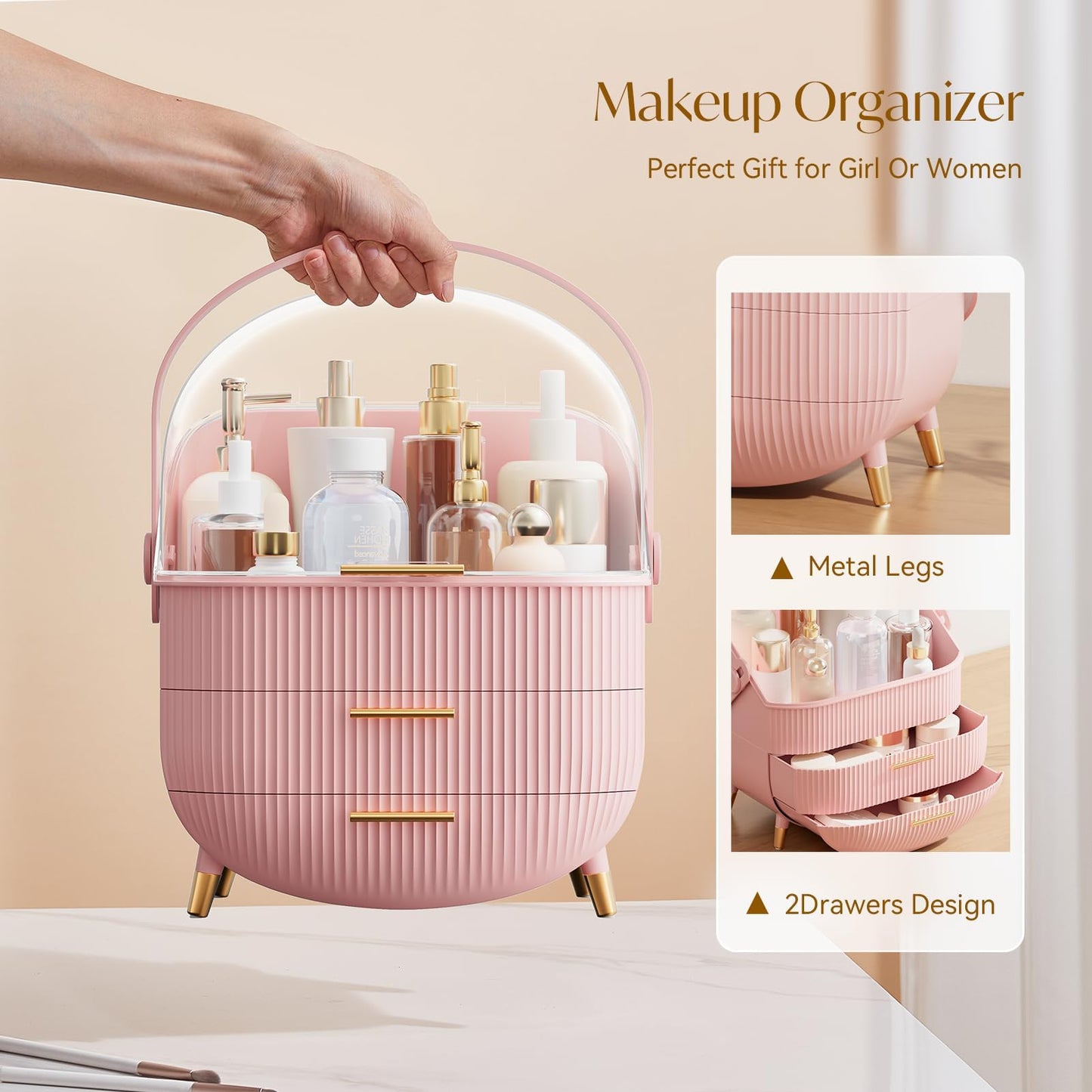 Rusunde Makeup Organizers, Skincare Organizer for Vanity,Portable Cosmetic Display case, Makeup Caddy for Dorm,Bathroom,Dresser Cosmetic Storage Box (Pink)
