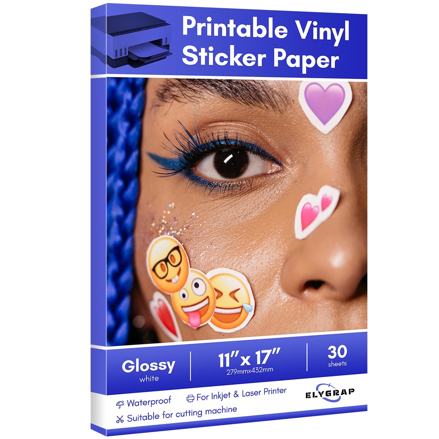 30Pack 11x17 inch Glossy White Printable Vinyl Sticker Paper for Inkjet Printer, Tabloid Size Water-Resistant Self- Adhesive Lable Paper by Elygrap