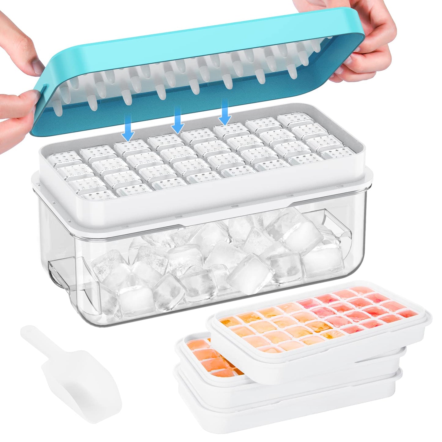 Ice Cube Tray with Lid and Bin, PHINOX 96 pcs Ice Trays for Freezer, Ice Cube Trays for Freezer with 3 Trays, Container, Lid & Ice Scoop, BPA Free