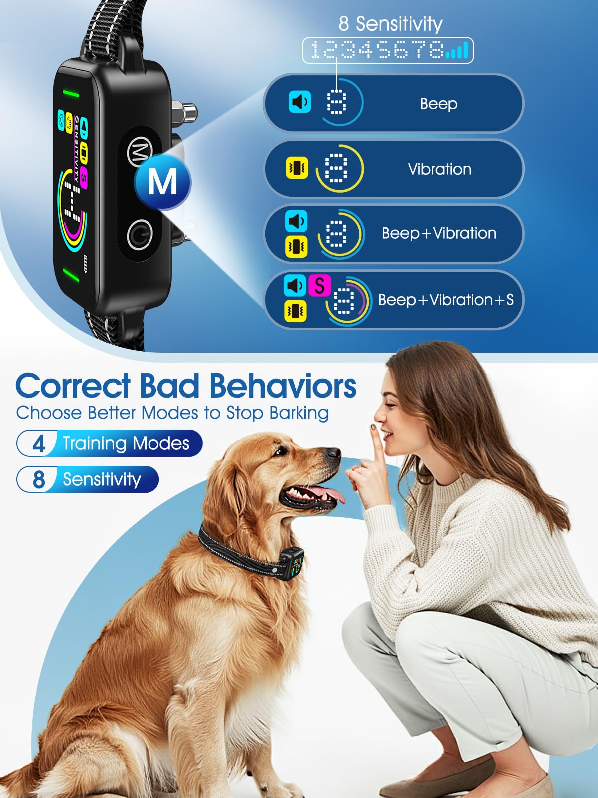 Bark Collar, DINJOO Dog Bark Collar, Barking Collar for Large Medium Small Dogs, Rechargeable Anti Barking Training with 8 Adjustable Sensitivity, Dark Black