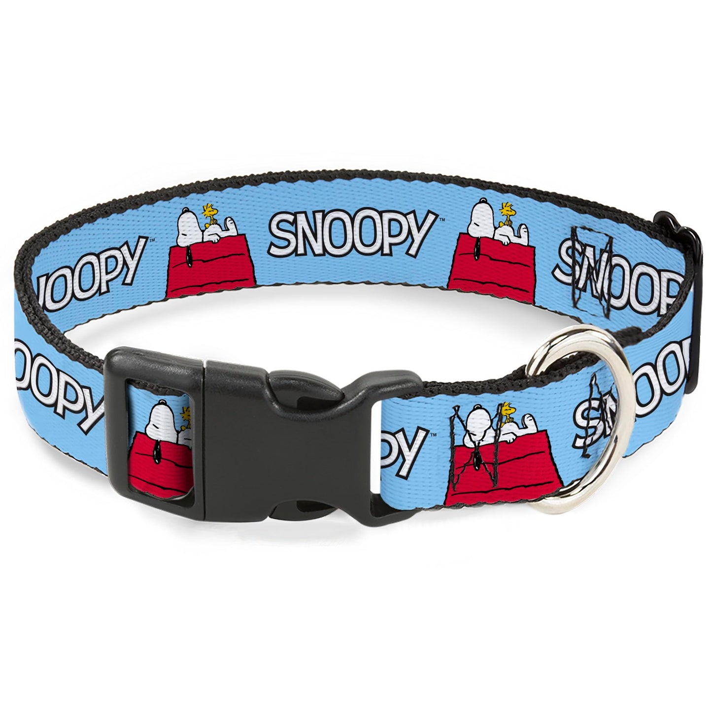 Peanuts Worldwide LLC Pet Collar, Dog Collar Plastic Buckle, Peanuts Snoopy and Woodstock Dog House Pose and Text Sky Blue, 11 to 16.5 Inches 1.0 Inch Wide