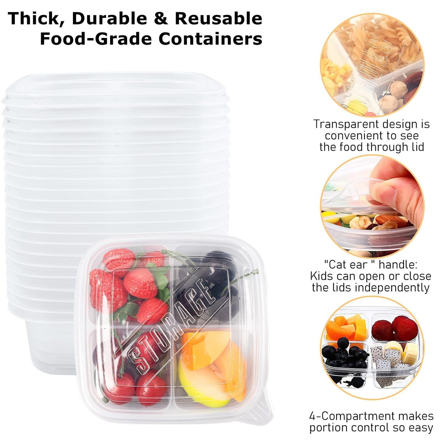 50 Pack Reusable Lunchable Containers with Lids, 4 Compartment Snack Containers Clear Plastic Snack Pack Container for Kids Adults Meal Prep, Food, Snacks, Lunch, Grab and Go