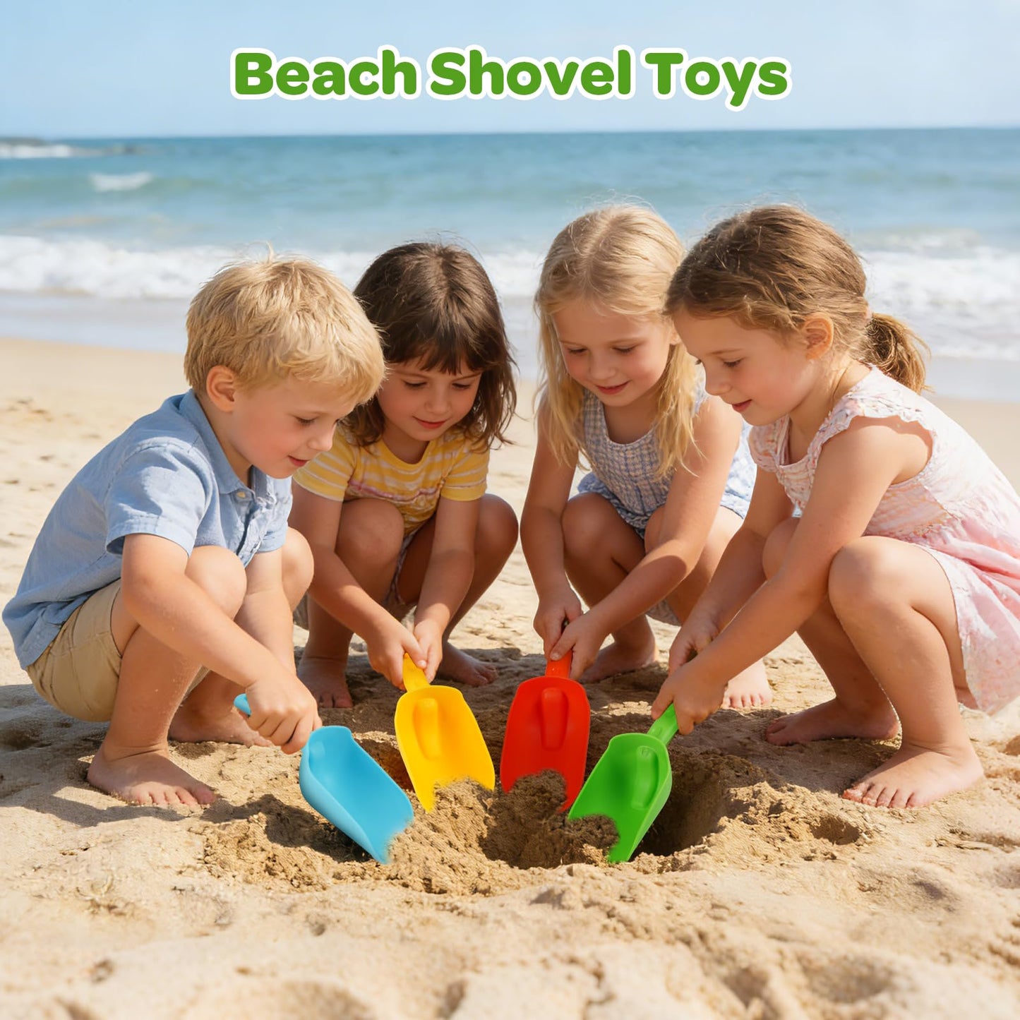 Kids Beach Toy 16 PCS Shovels Plastic Sandbox Set for Outdoor Digging and Indoor Play, Garden Planting Spades Snow Game for Toddler Boys & Girls 3-9 Red, Yellow, Green, Blue