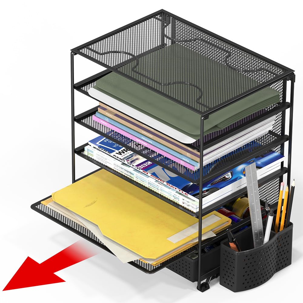 Simple Houseware 5-Tier Desktop Document Tray Organizer with Sliding Drawer and Pen Holder, Black