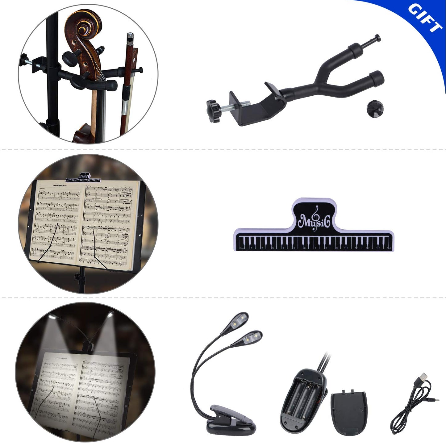 Klvied Folding Sheet Music Stand with Violin Hanger, Portable, Black