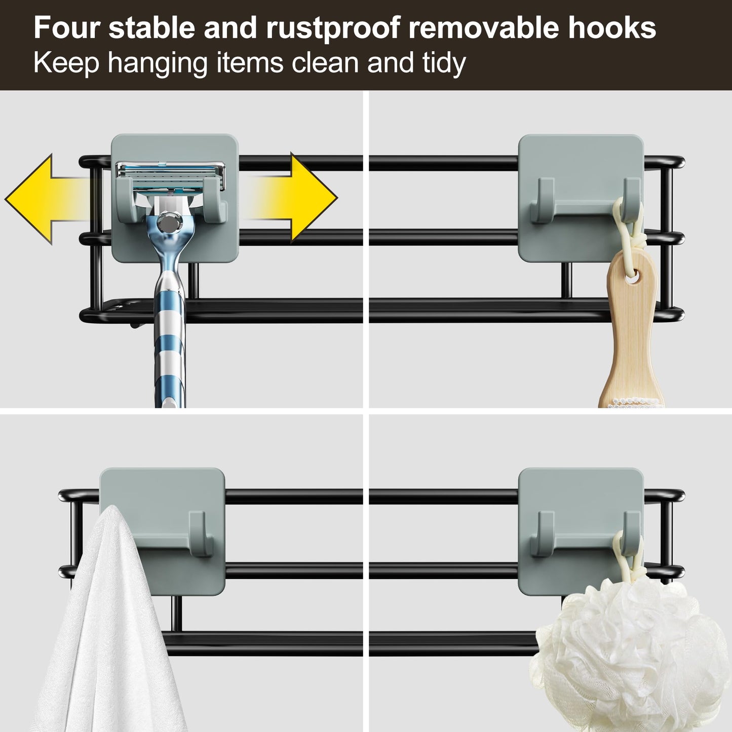 Orimade Adjustable Anti-slip Hanging Shower Caddy over Shower Head,Rustproof Bathroom Hanging shower Organizer with 4 Hooks for Razor,No Drilling Shower shelves Storage Rack,Black 4 Tier