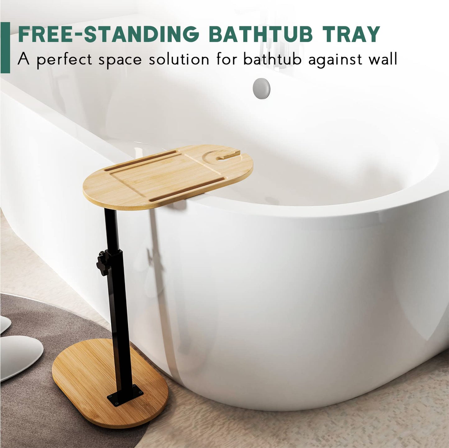 Yumkfoi Bamboo Bathtub Tray Table with Adjustable Height, Freestanding Bath Caddy Tray for Tub Against Wall, Bathtub Side Table for Luxury Bath Home Spa and Gift Choice - Patent Protected (Natural)