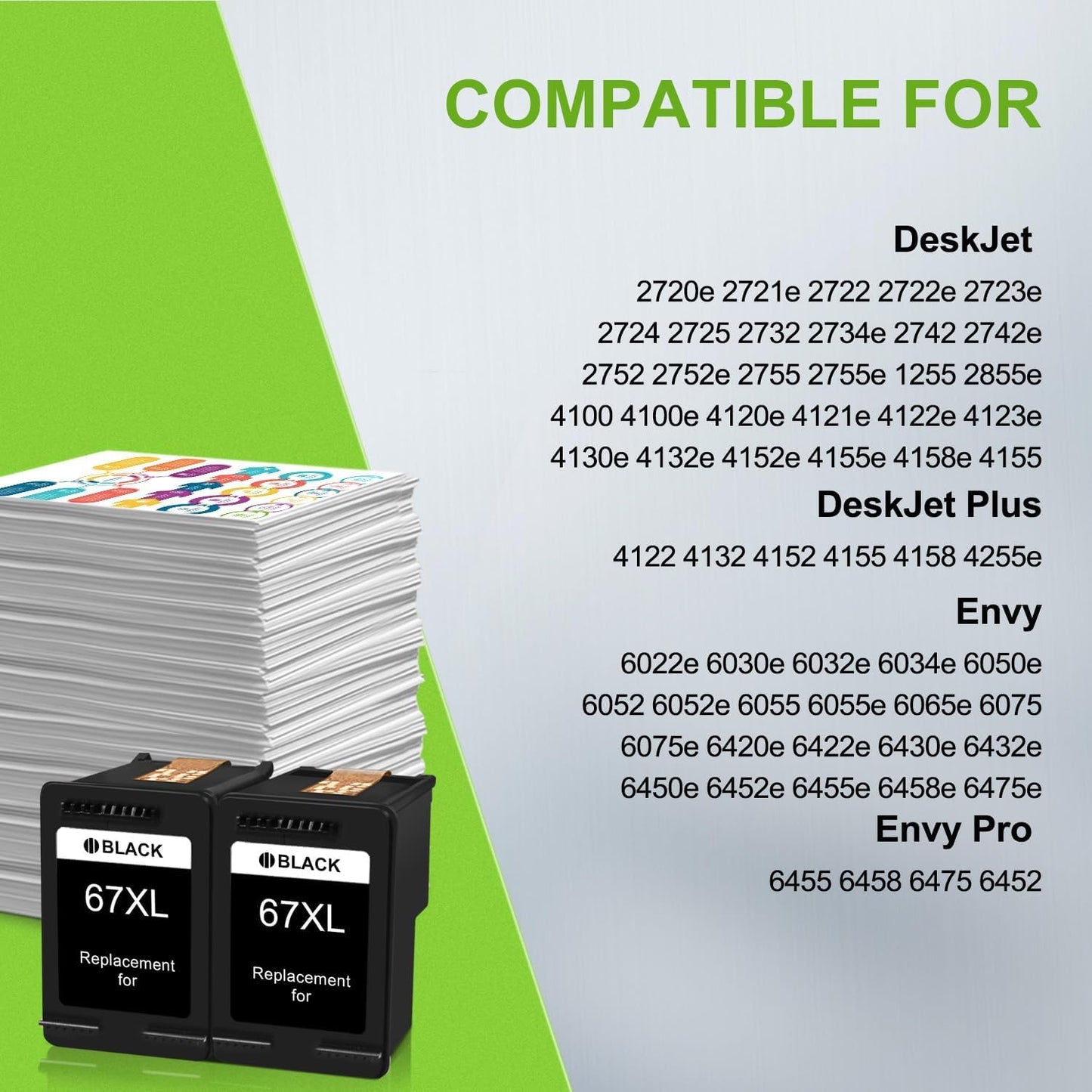 67XL Black Ink Cartridge Replacement for HP 67 XL 67 Ink Cartridge Work with DeskJet 2752 2710 2755 2722 2720 2300 2330 Plus 4100 4152 4158 Envy 6055 6052 6022 Pro 6452 6455 (2 Black)