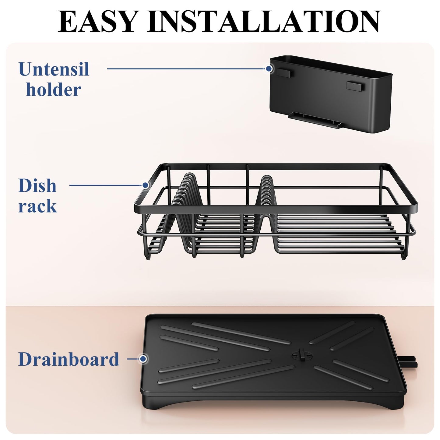 Dish Drying Rack for Kitchen Counter - Large Dish Rack with Drainboard, Rustproof Dish Drainer with Utensil Holder for Sink, Black