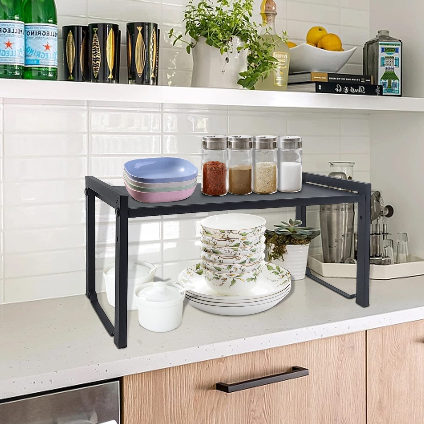 Expandable Cabinet Shelf 13.8-26"(L), Stackable Kitchen Counter Shelf Organizer, Kitchen Spice Rack Pantry, Djustable Cupboard Organizer Storage Rack for Kitchen Office (Black,1pack M)